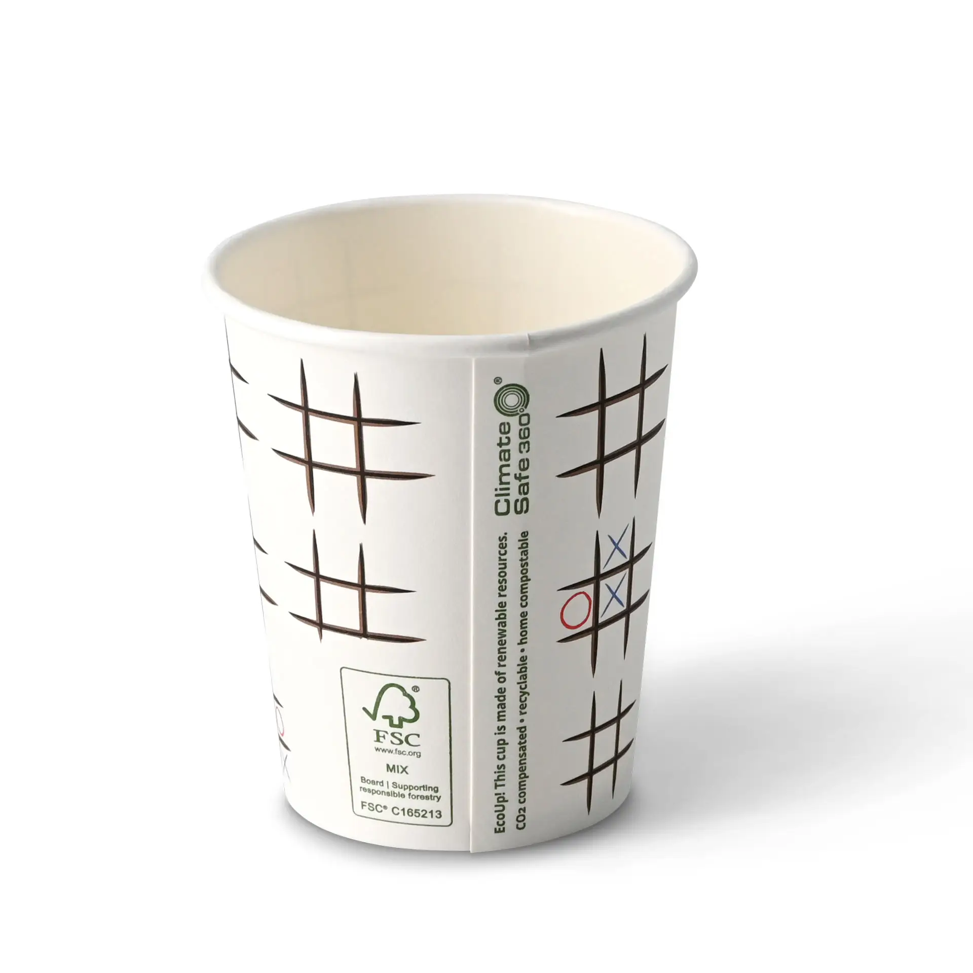 Bedrukte kartonnen beker "Tic Tac Toe" 200 ml / 8 oz, Ø 80 mm, wit