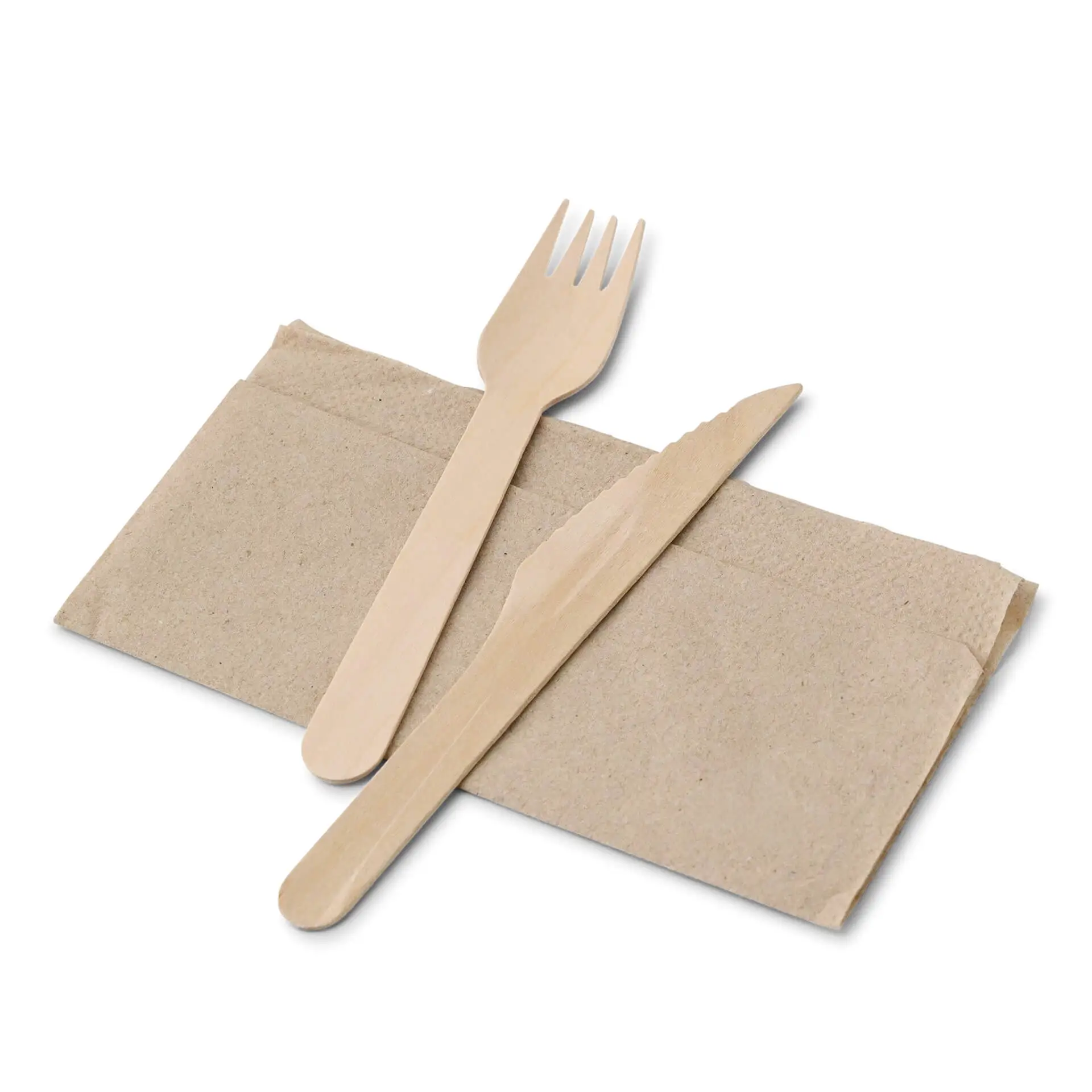 Set van houten bestek met een vork en mes op een rechthoekige ongebleekte papieren servet.