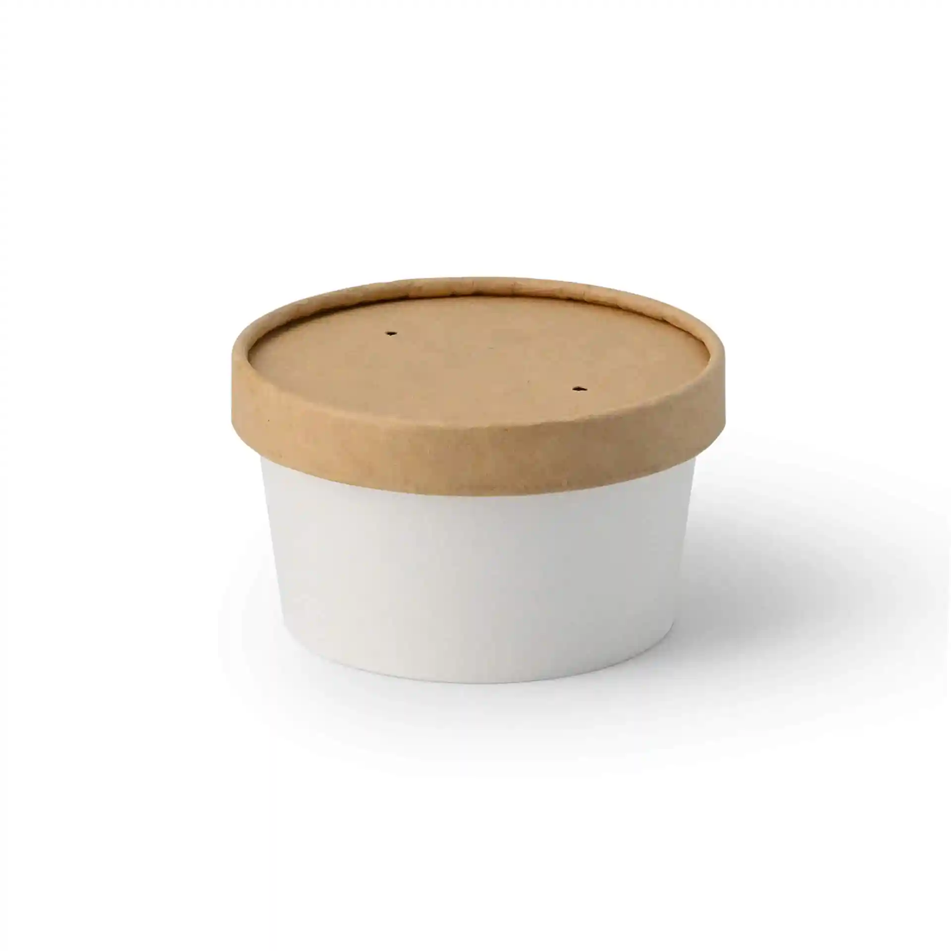 Ronde papieren ijsbekers met een witte body en een bruine papieren deksel, met een diameter van 92 mm.
