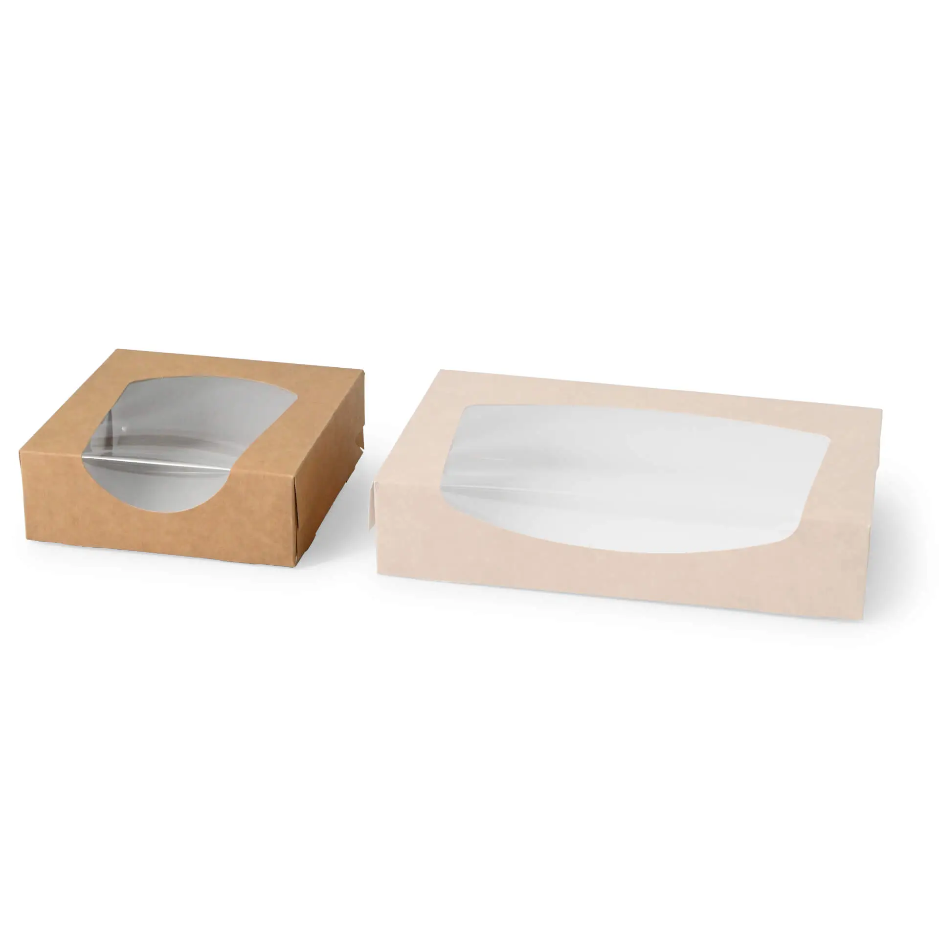Kartonnen vensterdozen 12 x 12 x 4 cm, 600 ml, cellulosevenster, buitenkant bruin, binnenkant wit, opvouwbaar