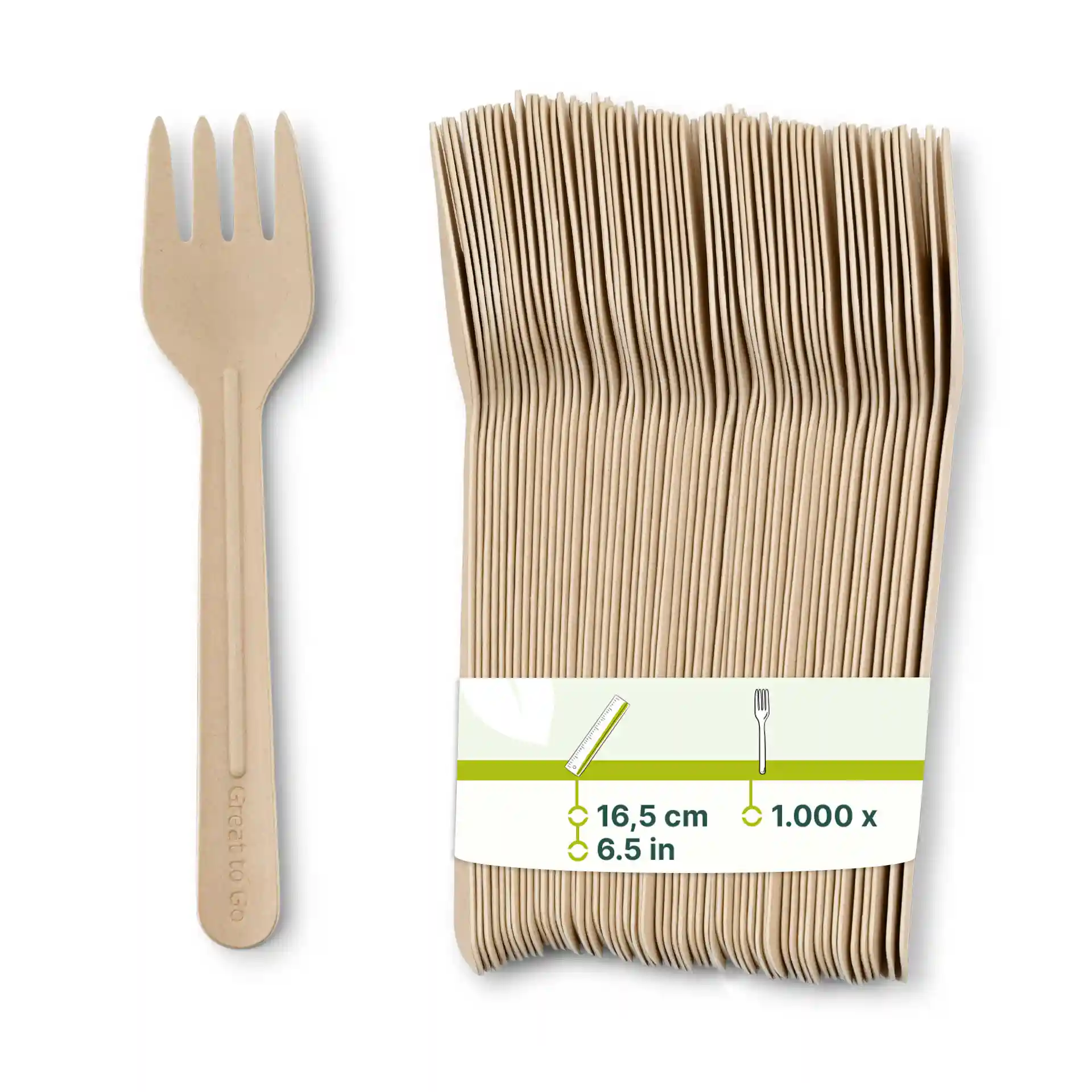 Bruine papieren vork van 16,5 cm, met een stapel meerdere vorken en een label met afmetingen.