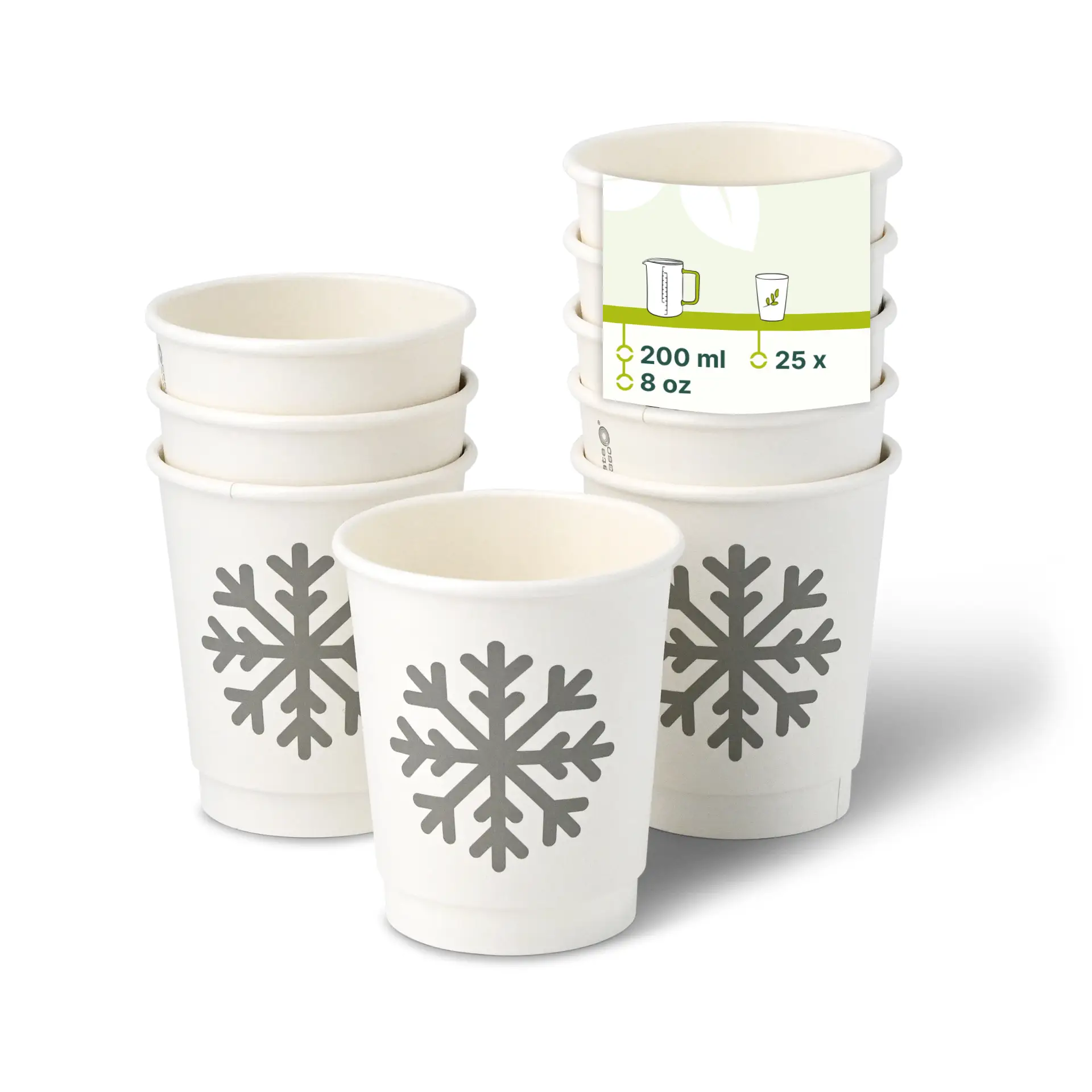 Kartonnen bekers dubbelwandig winter "Sneeuwvlok", 200 ml / 8 oz, Ø 80 mm, wit Kartonnen bekers dubbelwandig winter "Sneeuwvlok", 200 ml / 8 oz, Ø 80 mm, wit
