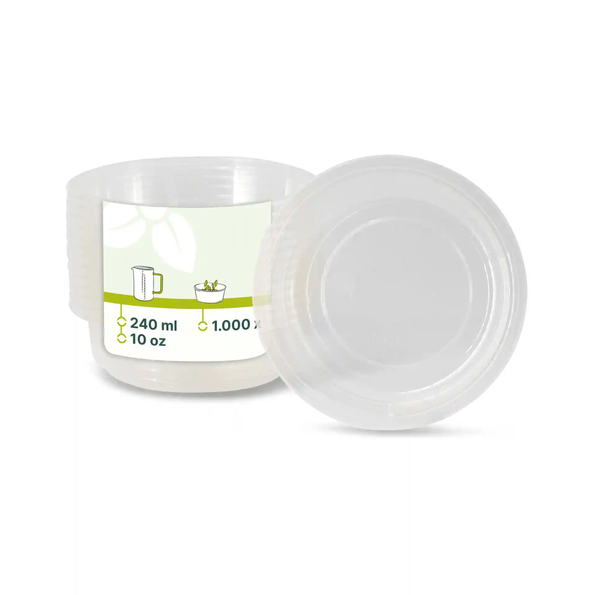 Transparante ronde deli-container met een inhoud van 240 ml, toont het deksel en een label met volumemarkeringen.