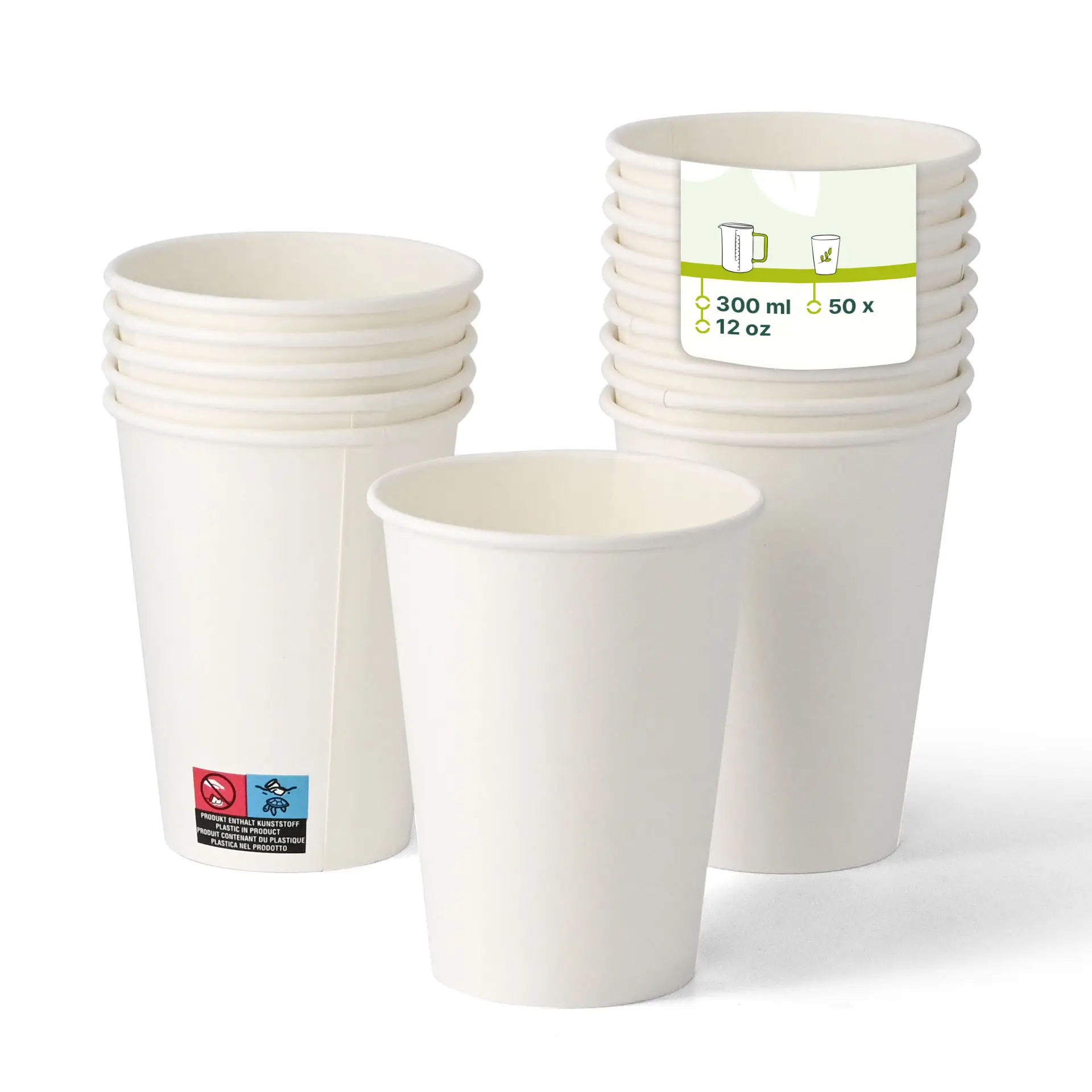 Witte wegwerp papieren bekers gestapeld, met één beker vooraan die een label met 300 ml capaciteit toont.