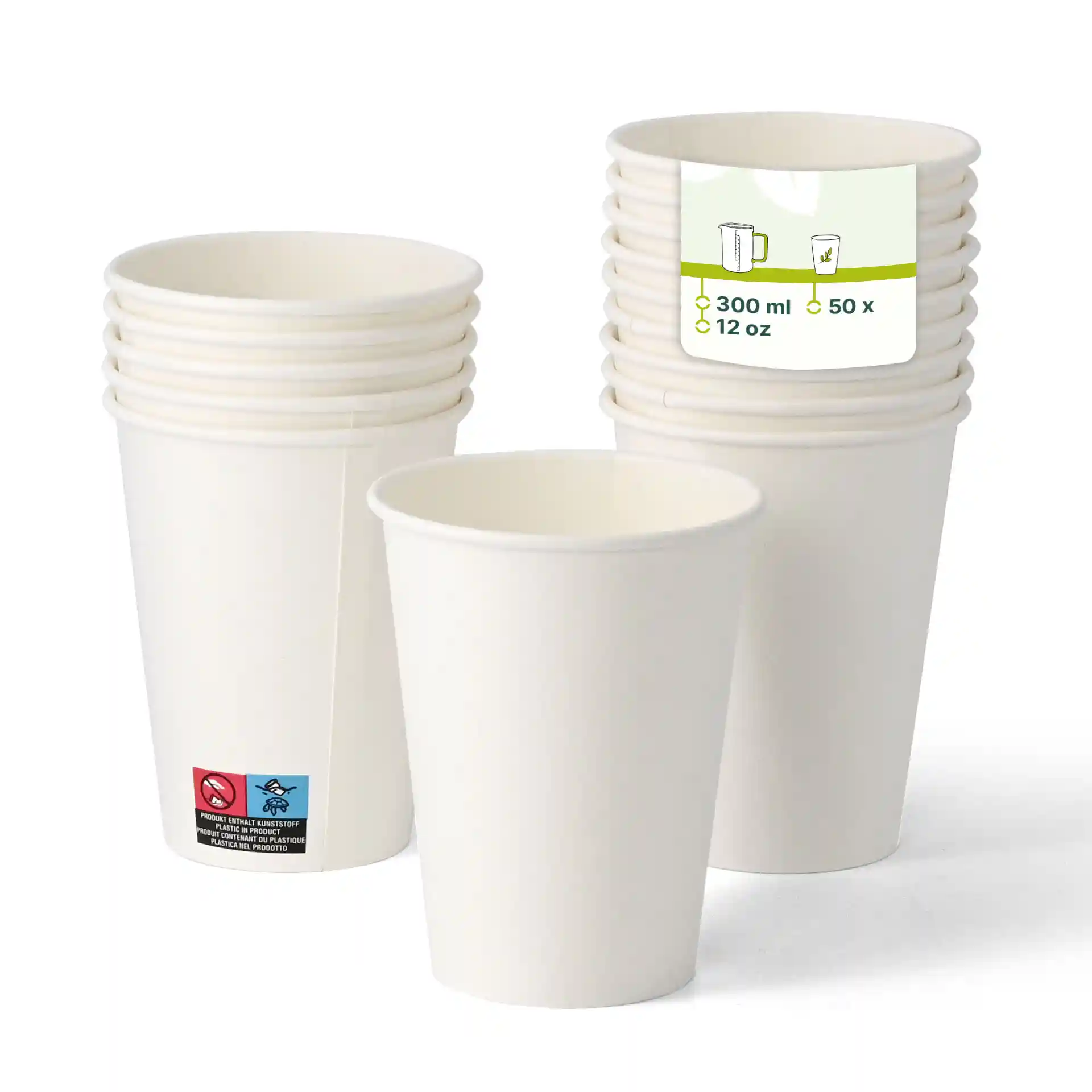 Witte wegwerp papieren bekers gestapeld, met één beker vooraan die een label met 300 ml capaciteit toont.