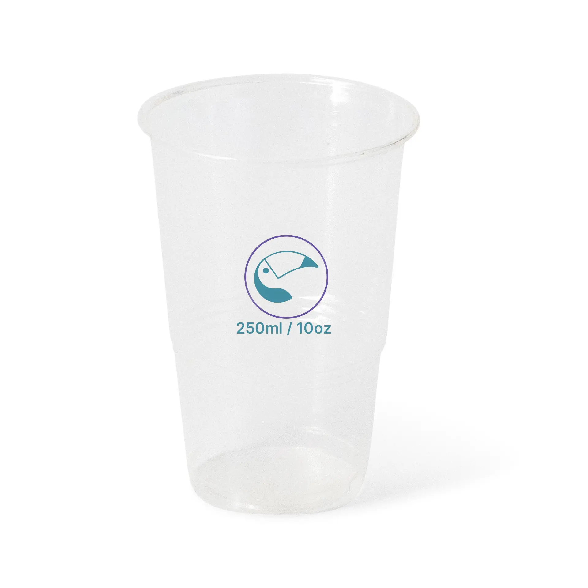 Heldere 10 oz rPET beker voor koude dranken, met logo en maatvoering aan de zijkant.