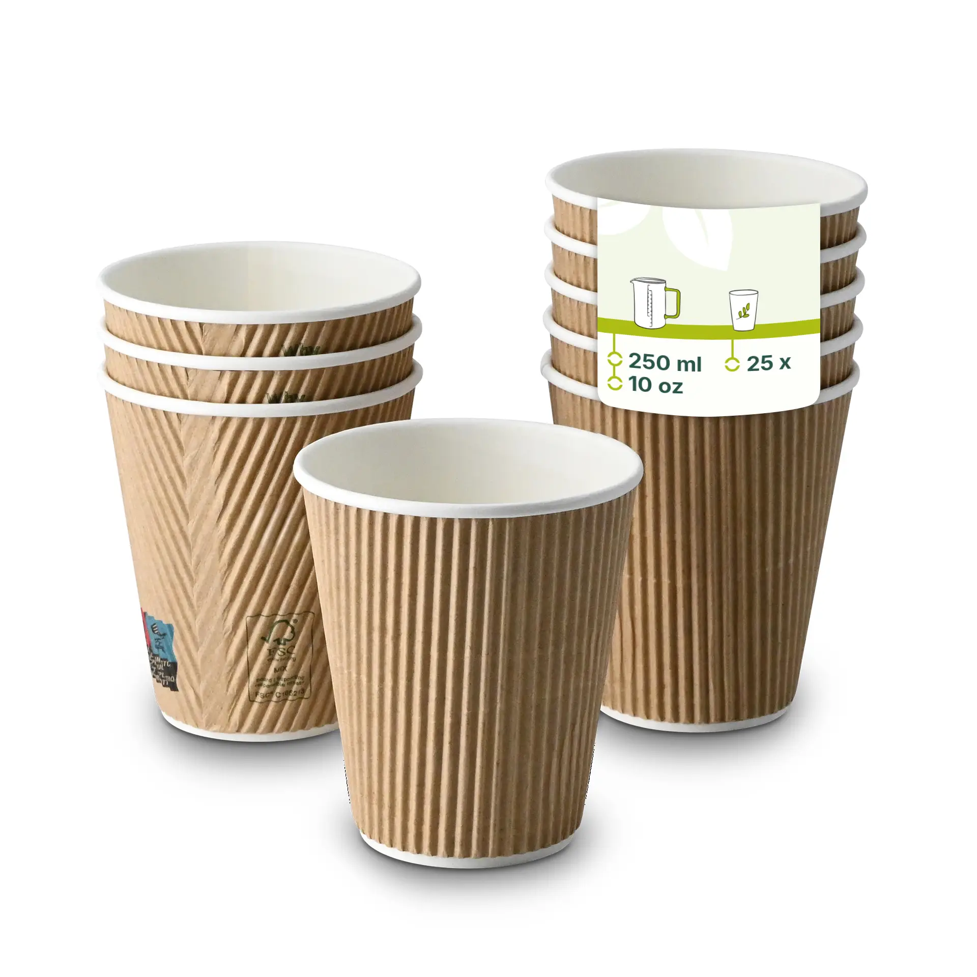 Een 10 oz biologisch afbreekbare golfbekercup met een witte binnenkant en een bruine buitenkant; verschillende bekers erachter met verminderde opaciteit.