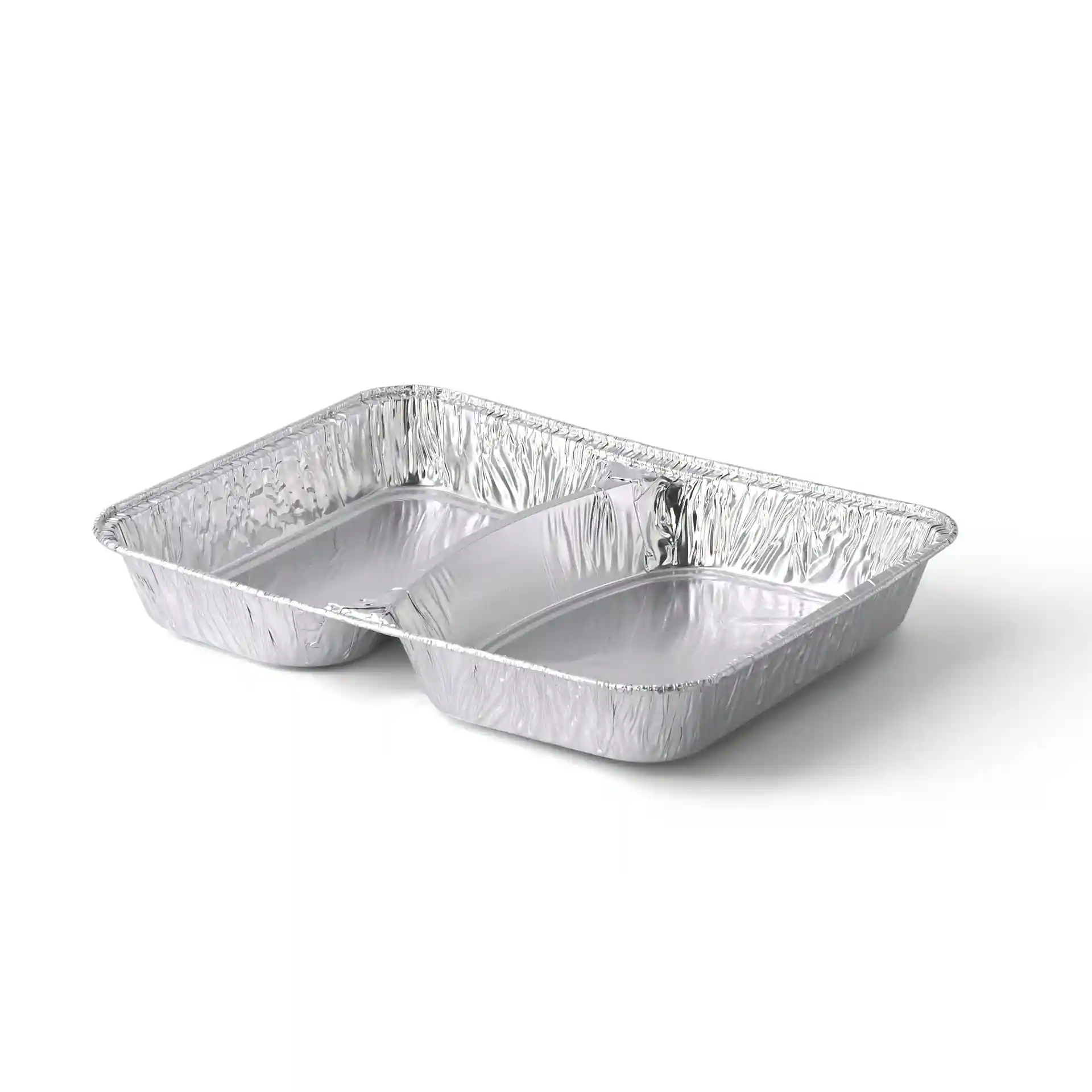 Aluminium maaltijdschotel met twee compartimenten, rechthoekig, 22,7 x 17,7 x 3 cm.