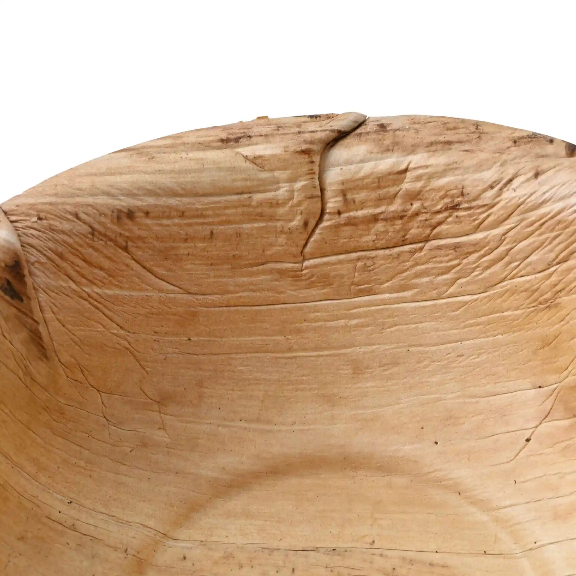 Close-up van een ronde palmbladkom met een korrelstructuur, die de binnenkant en natuurlijke markeringen toont.
