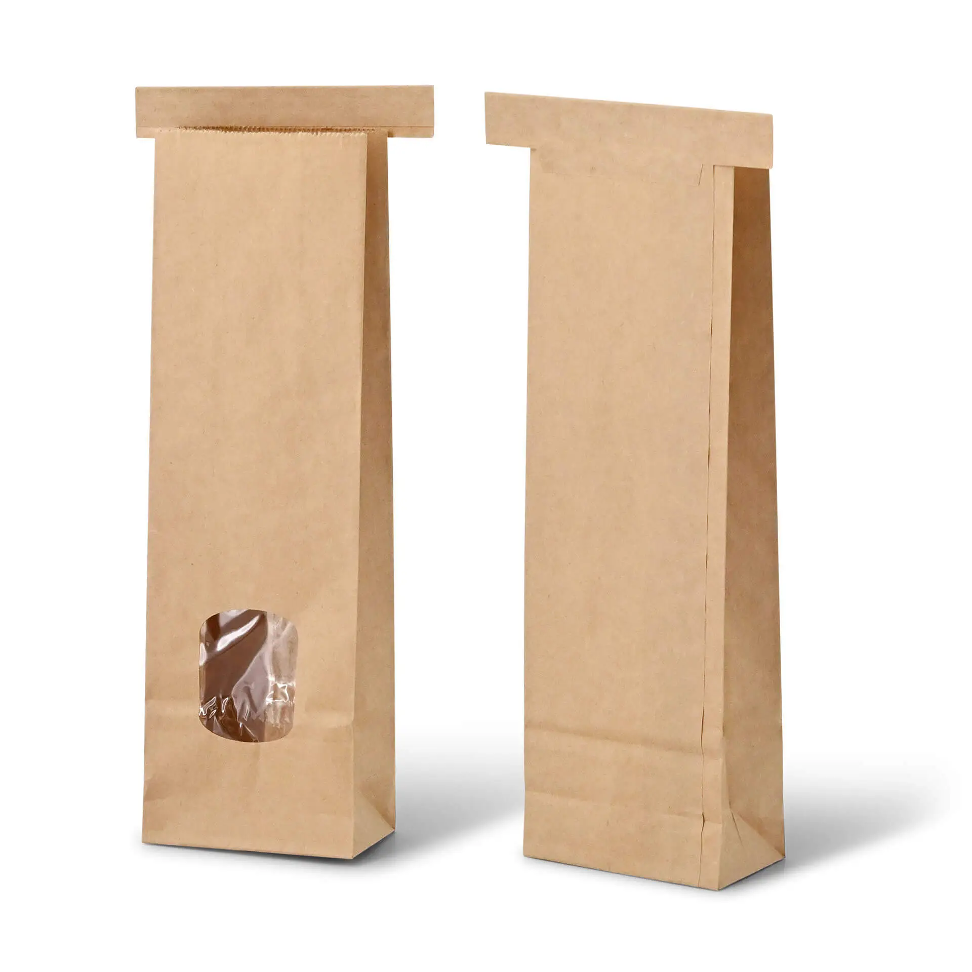 Blokbodemzakken met venster XS, 7,5 x 4,5 x 24 cm, bruin, clipband