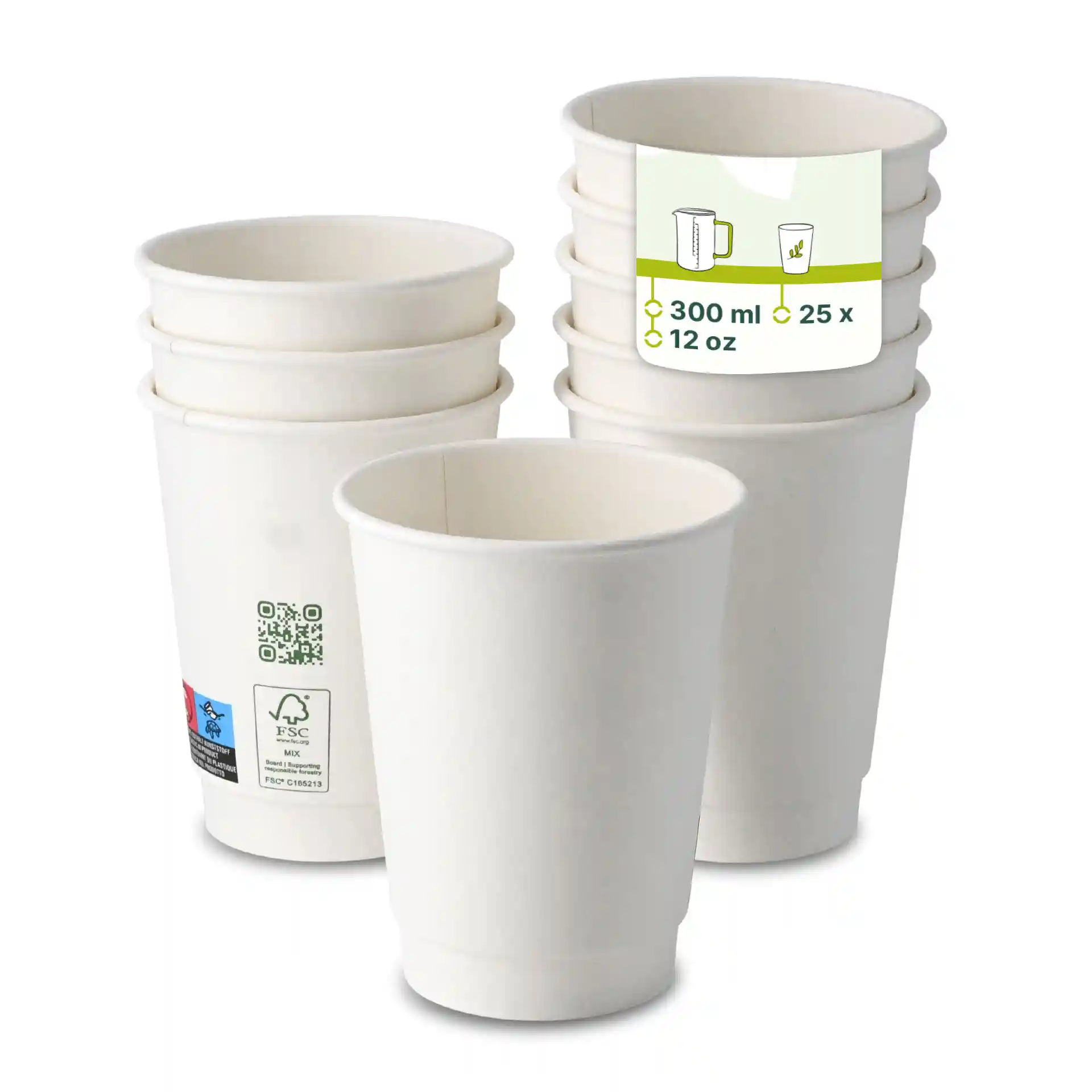 Witte dubbelwandige beker, 300 ml, 12 oz, met meerdere gestapelde bekers en een label met maatvoering.