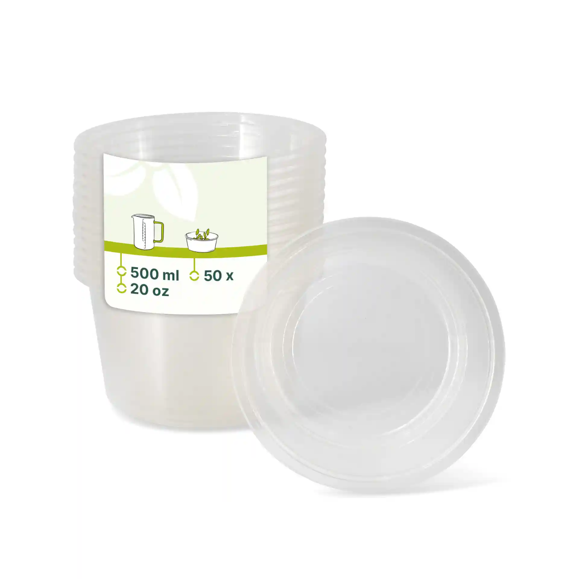 Transparante ronde deli-container met een inhoud van 500 ml en een diameter van 121 mm, zijwaarts gestapeld.