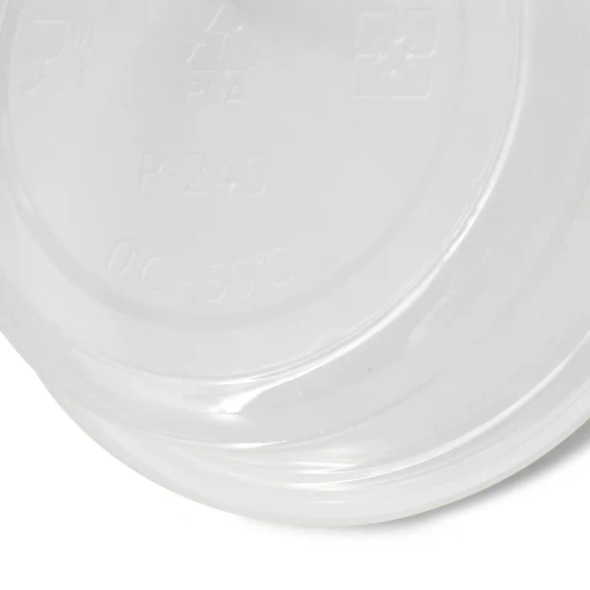 Transparante ronde deksel voor deli-container met markeringen, inclusief recycling-symbool en temperatuurgebied van 0°C tot 50°C.