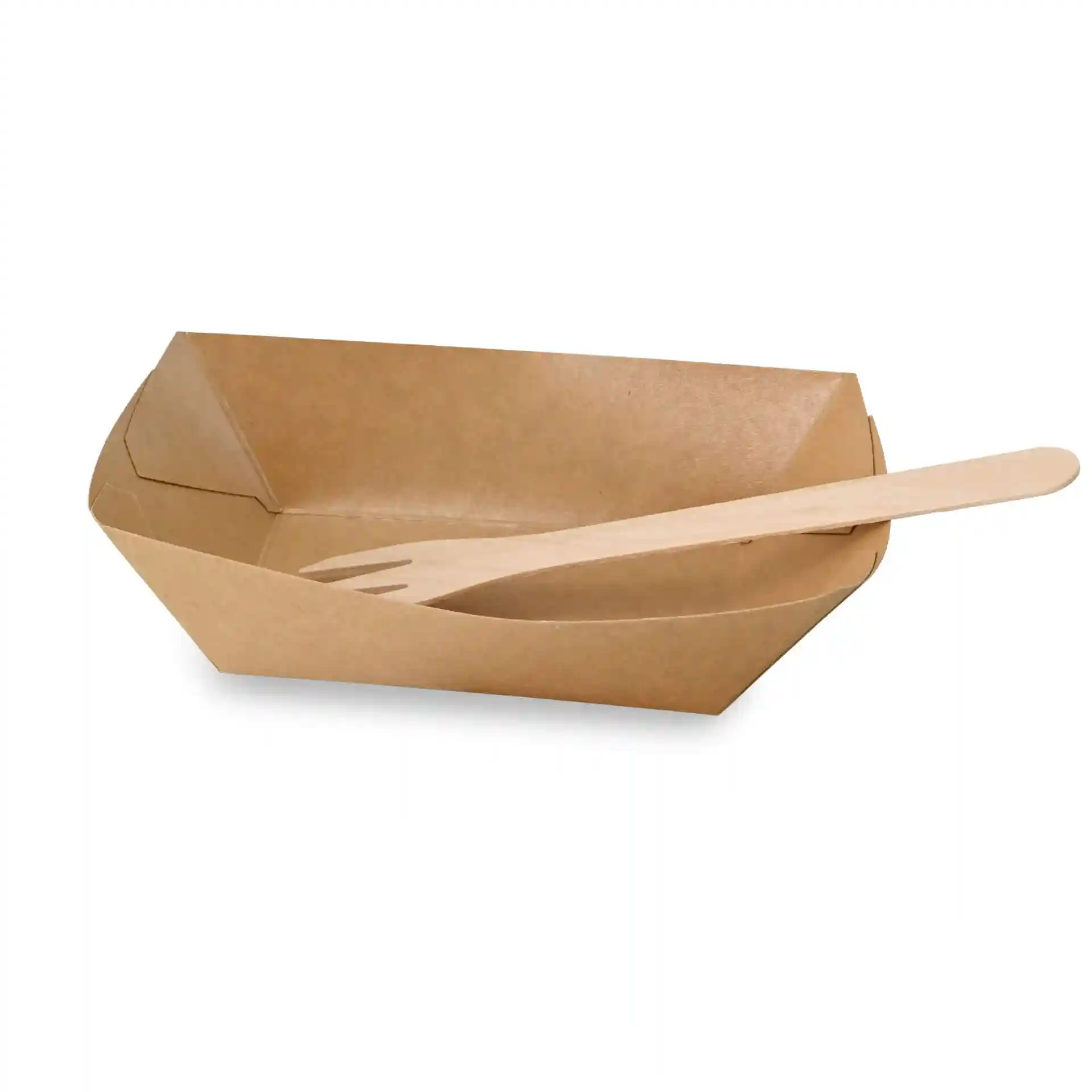 Bruine kartonnen snacktray met een houten vork, afmetingen 17 x 12 x 4 cm.