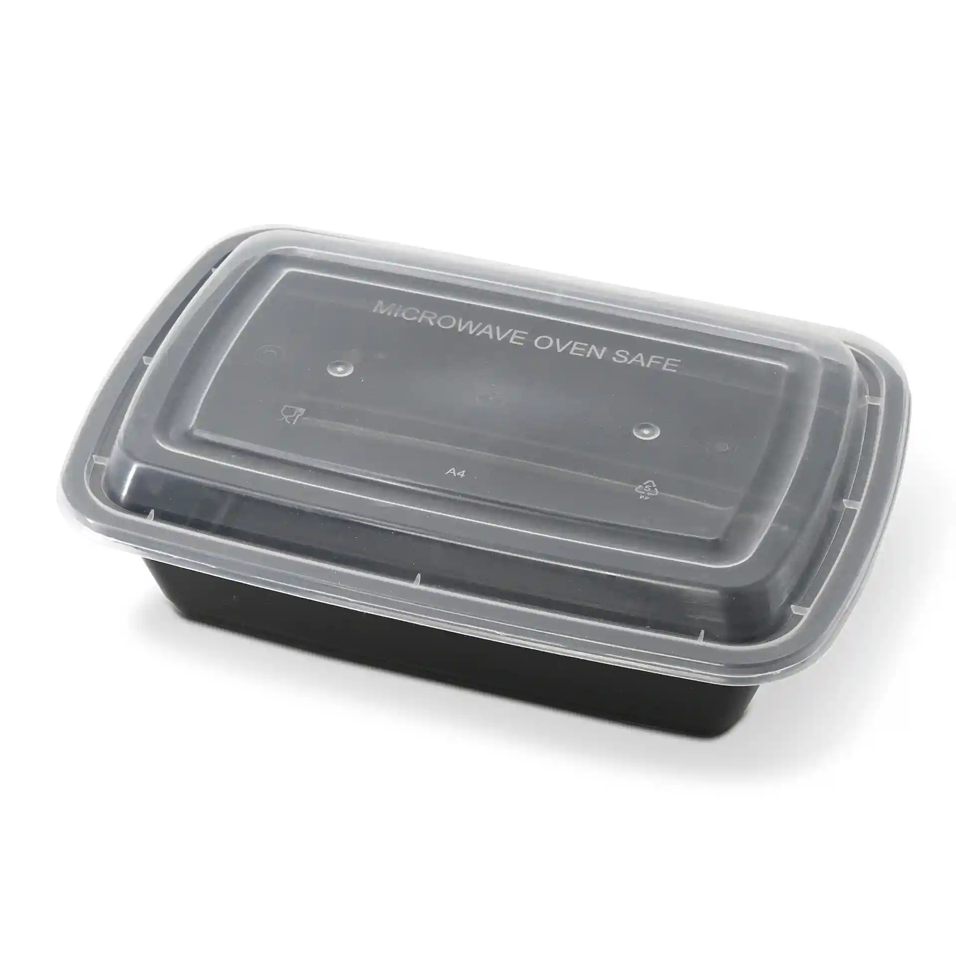 Rechthoekige zwarte container met een transparant deksel, gemarkeerd als magnetronbestendig, 222 mm bij 150 mm.