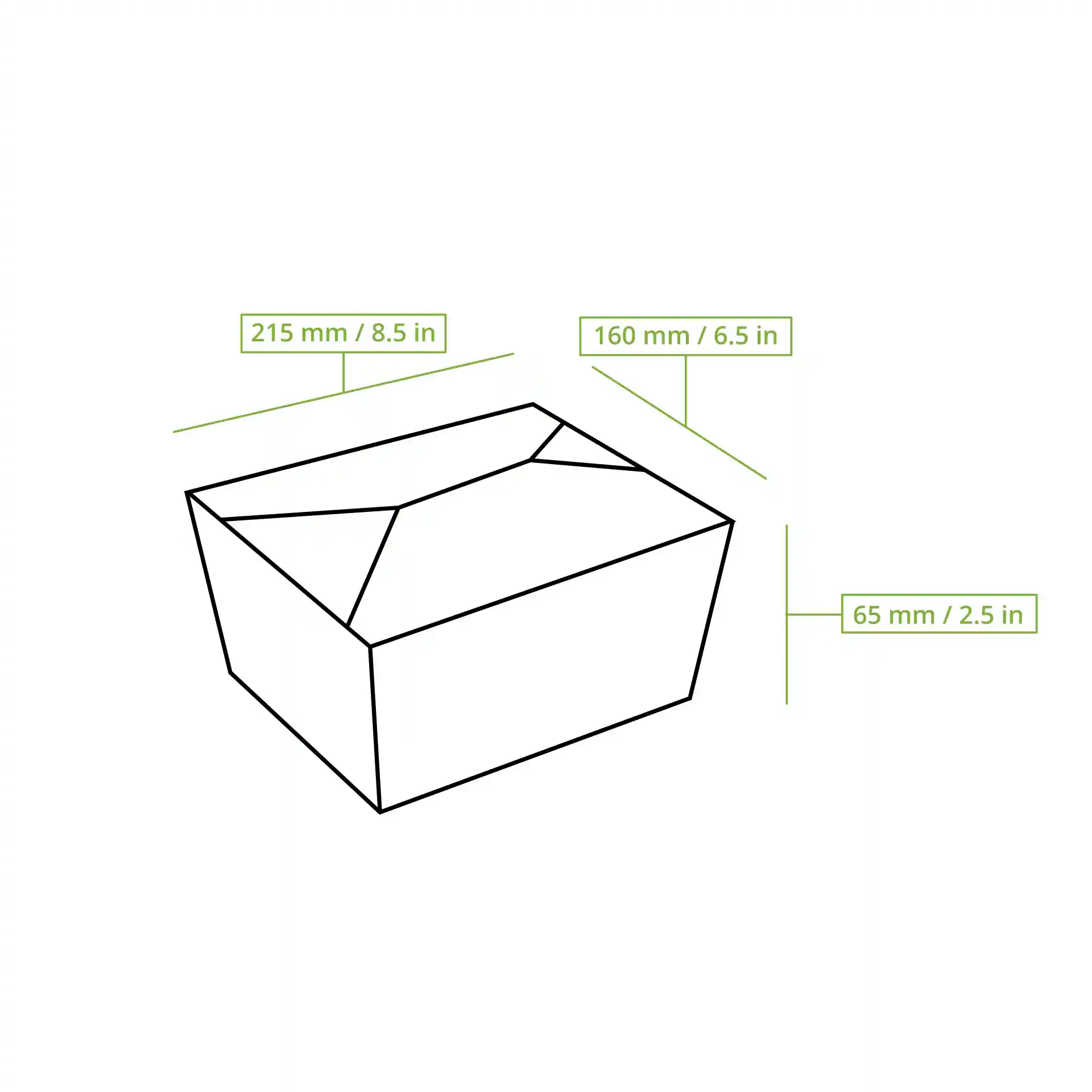 Schematische tekening van een rechthoekige takeaway-container met maatlijnen van 215 mm lengte, 160 mm breedte en 65 mm hoogte.