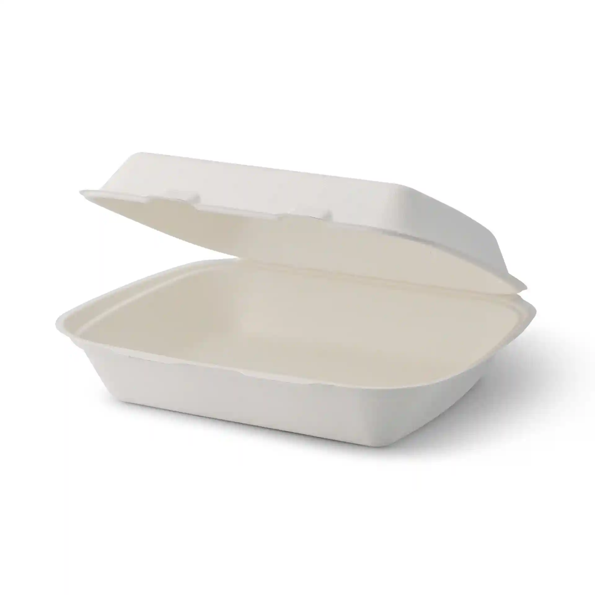Rechthoekige witte suikerbietencontainer met scharnierdeksel, 25 x 20 x 7,5 cm, open getoond.