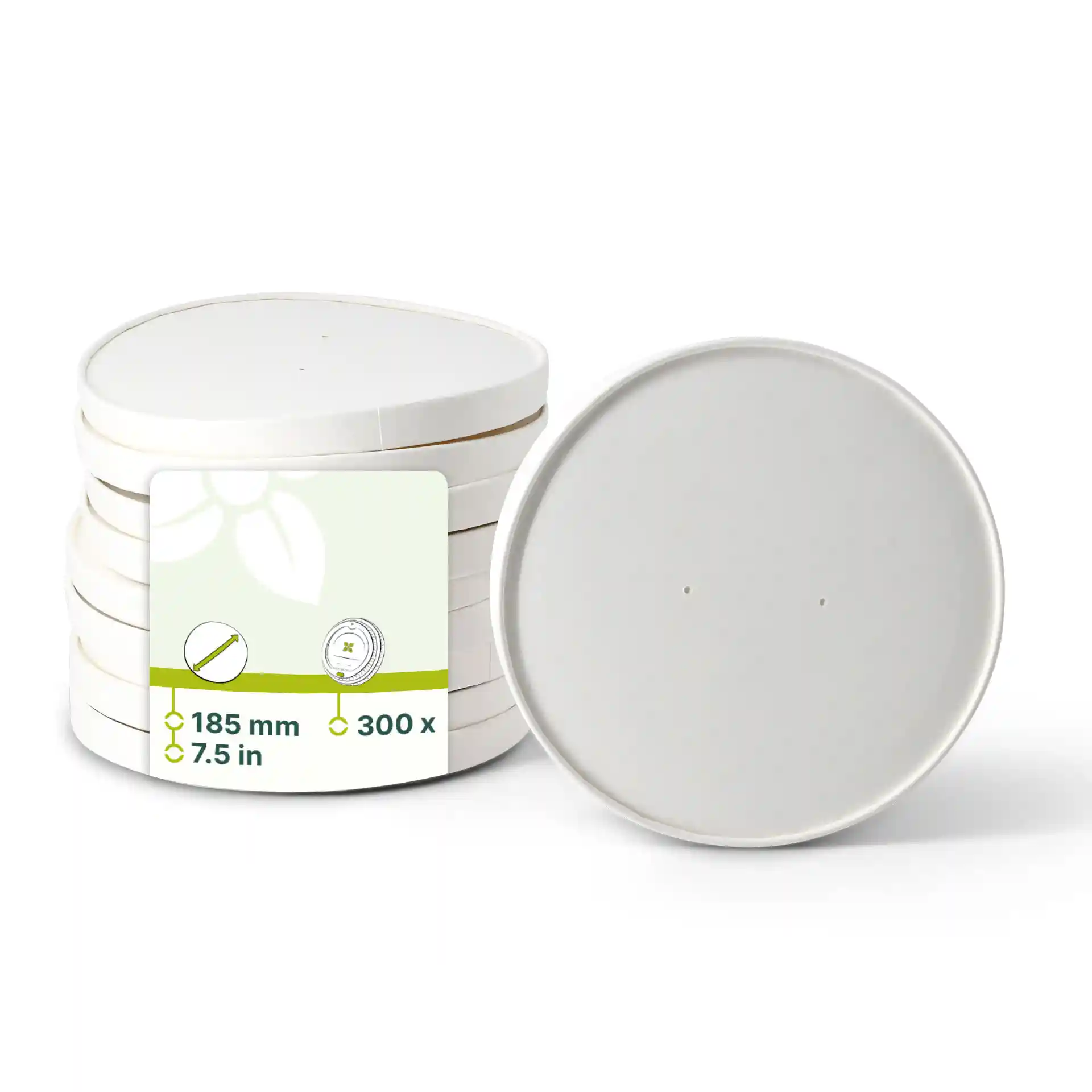 Witte ronde kartonnen deksel met membraan, diameter 185 mm, gestapeld met een label met productdetails.