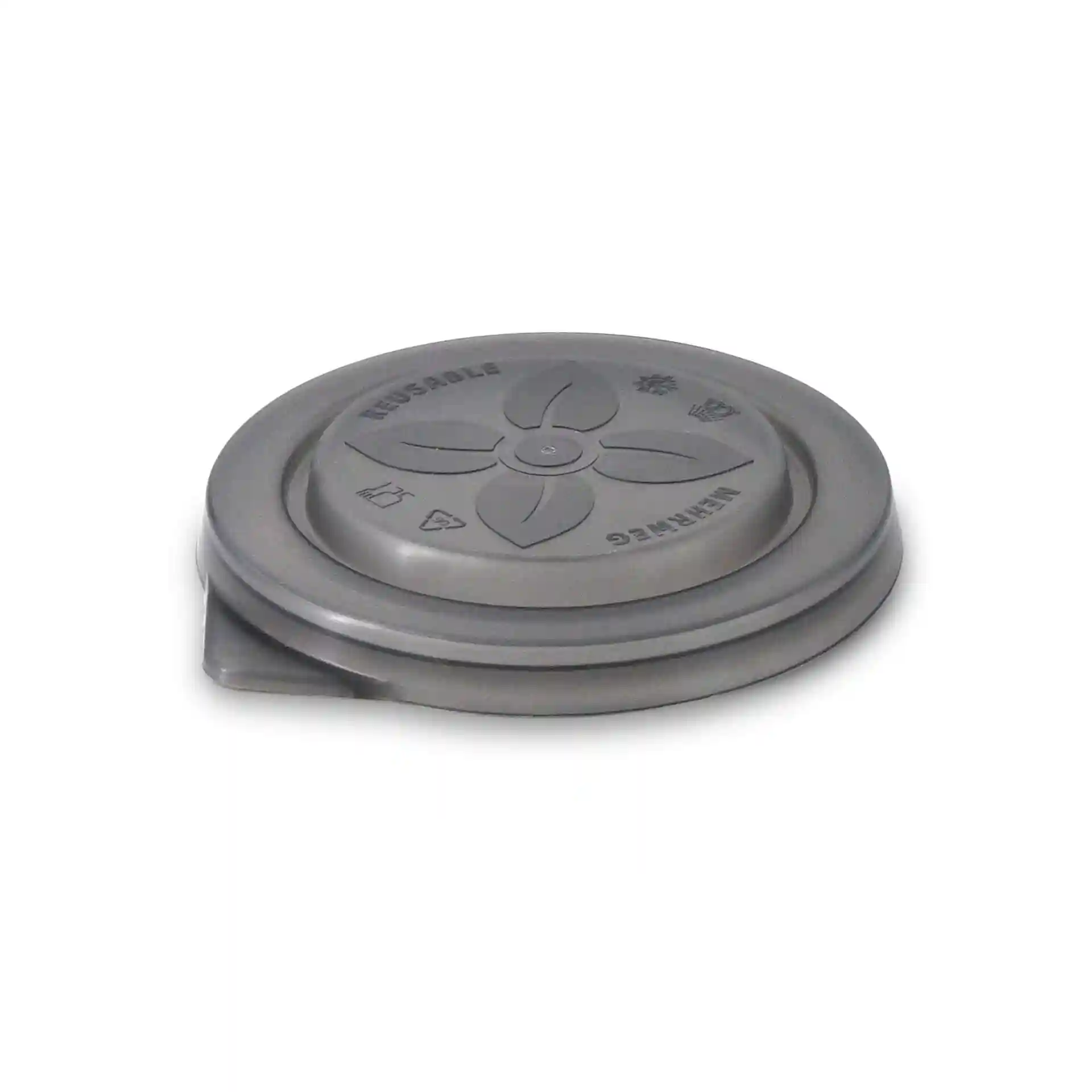 Grijze herbruikbare deksel voor "merways Becher", ronde vorm met een diameter van 95 mm en een hoogte van 15 mm.