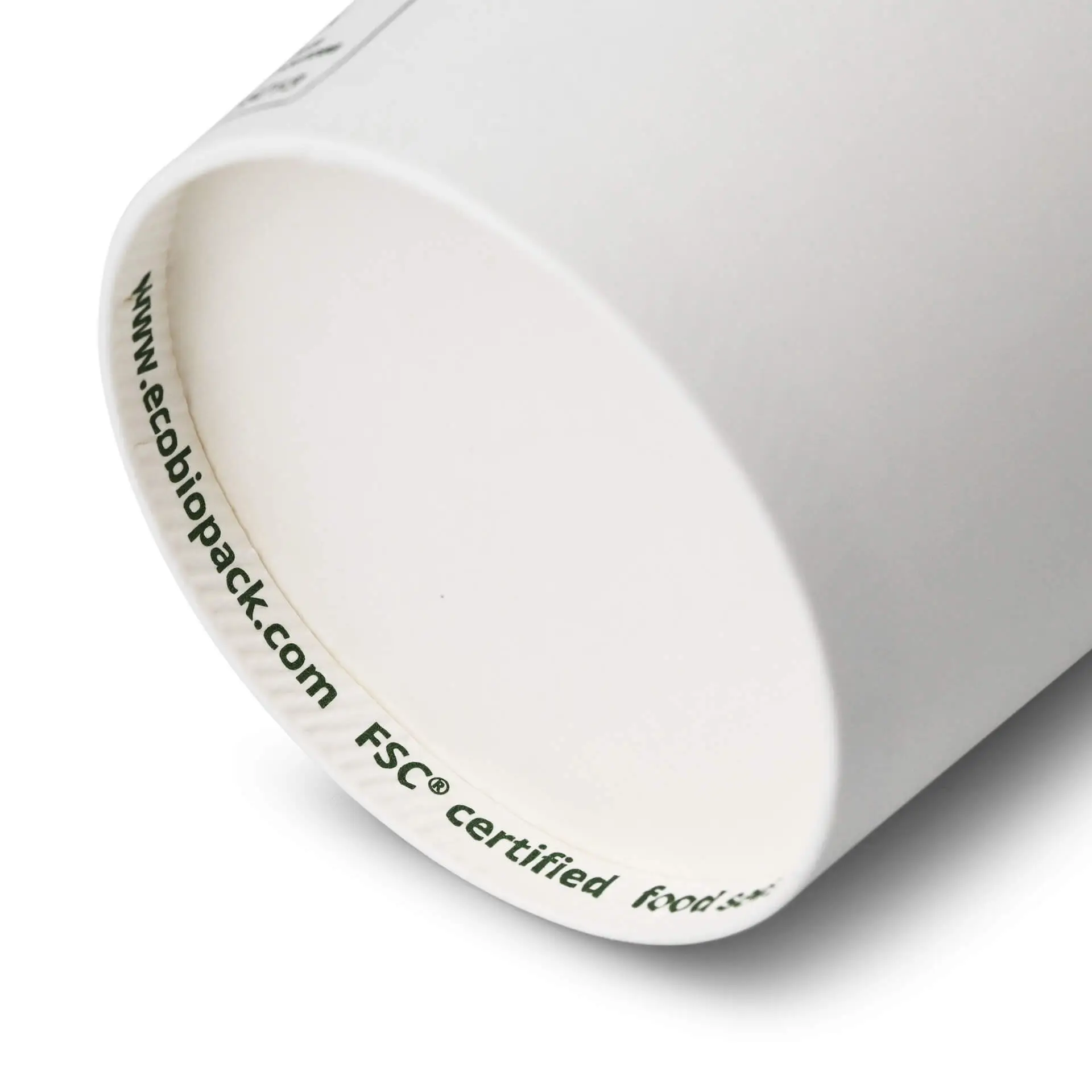 Witte papieren beker met PE-coating, van binnen bekeken, met branding en FSC-certificatietekst.