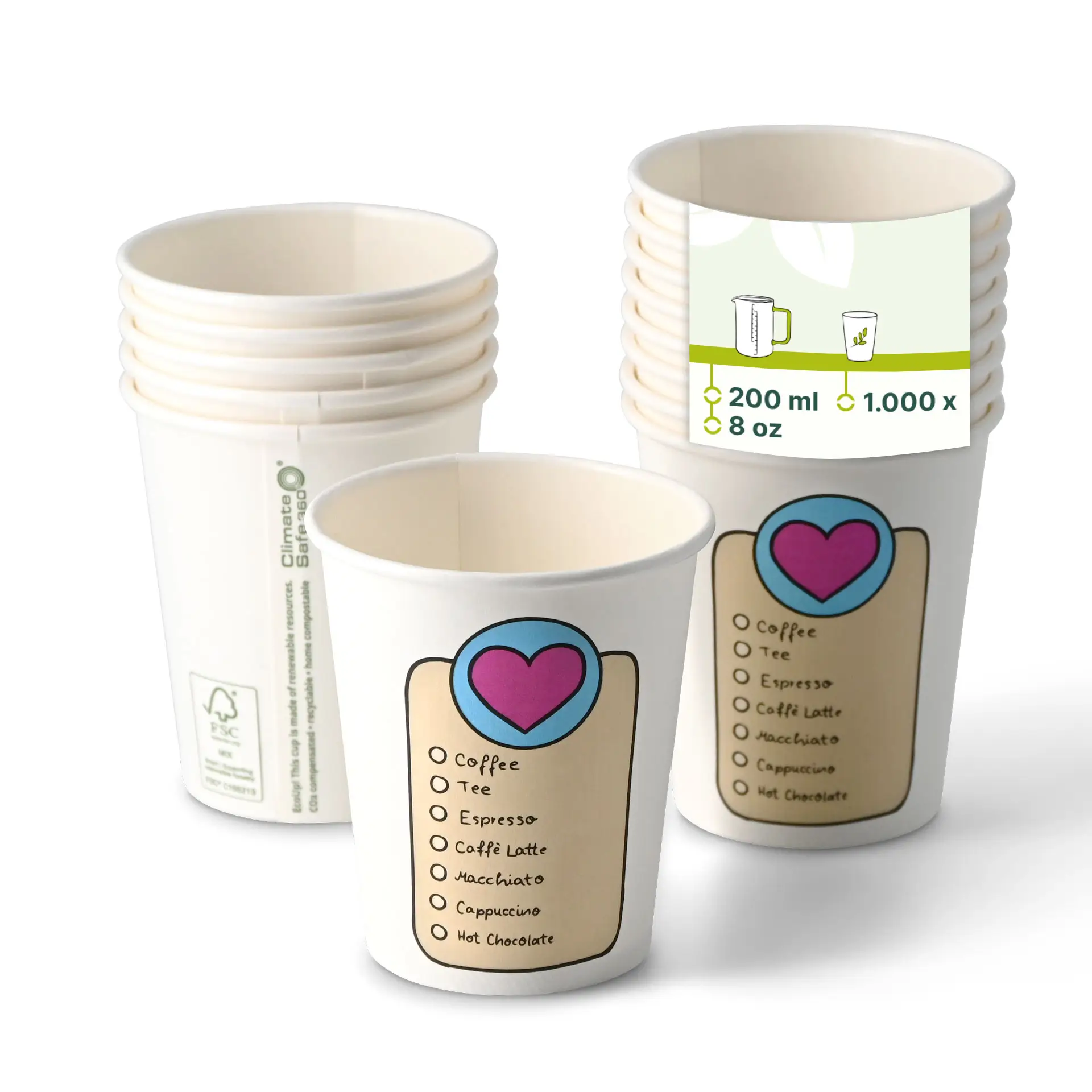 Bedrukte kartonnen beker "Coffeelove" 200 ml / 8 oz, Ø 80 mm, wit