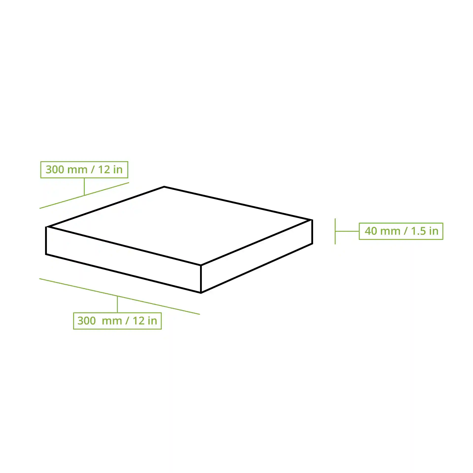 Schematische tekening van een pizzadoos met afmetingen van 300 mm x 300 mm x 40 mm, gelabeld in millimeters en inches.