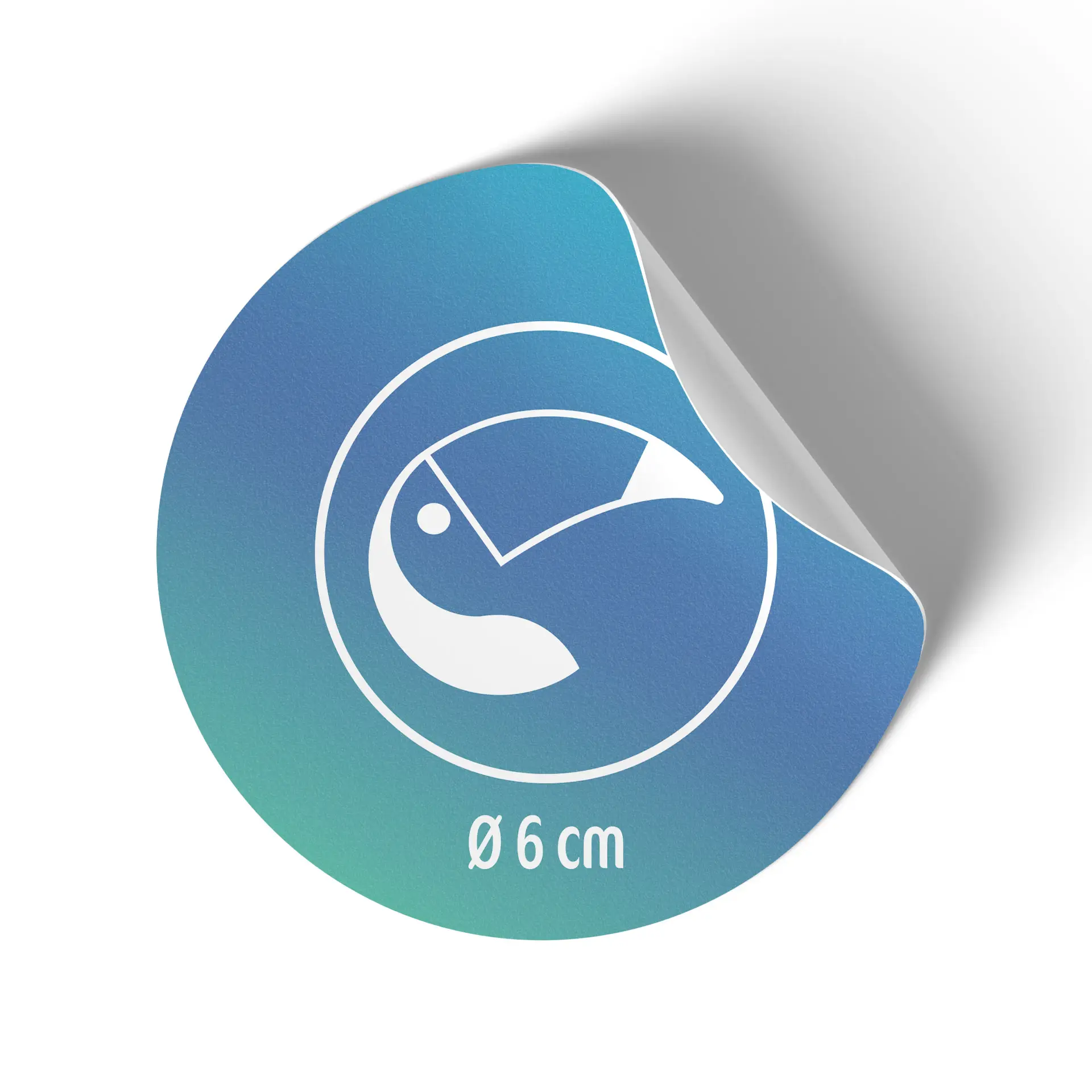 Ronde geprinte label op een blauwe gradient achtergrond, 6 cm in diameter, met een wit ontwerp met een abstracte vorm.