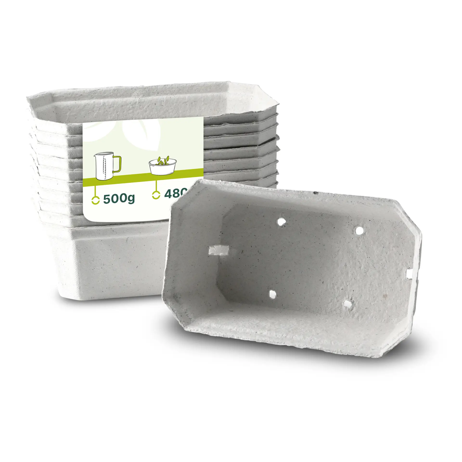 Eén wit houten pulp bessenplateau op de voorgrond; verschillende vergelijkbare plateaus daarachter gestapeld. Ontworpen voor het vervoeren van verse bessen.