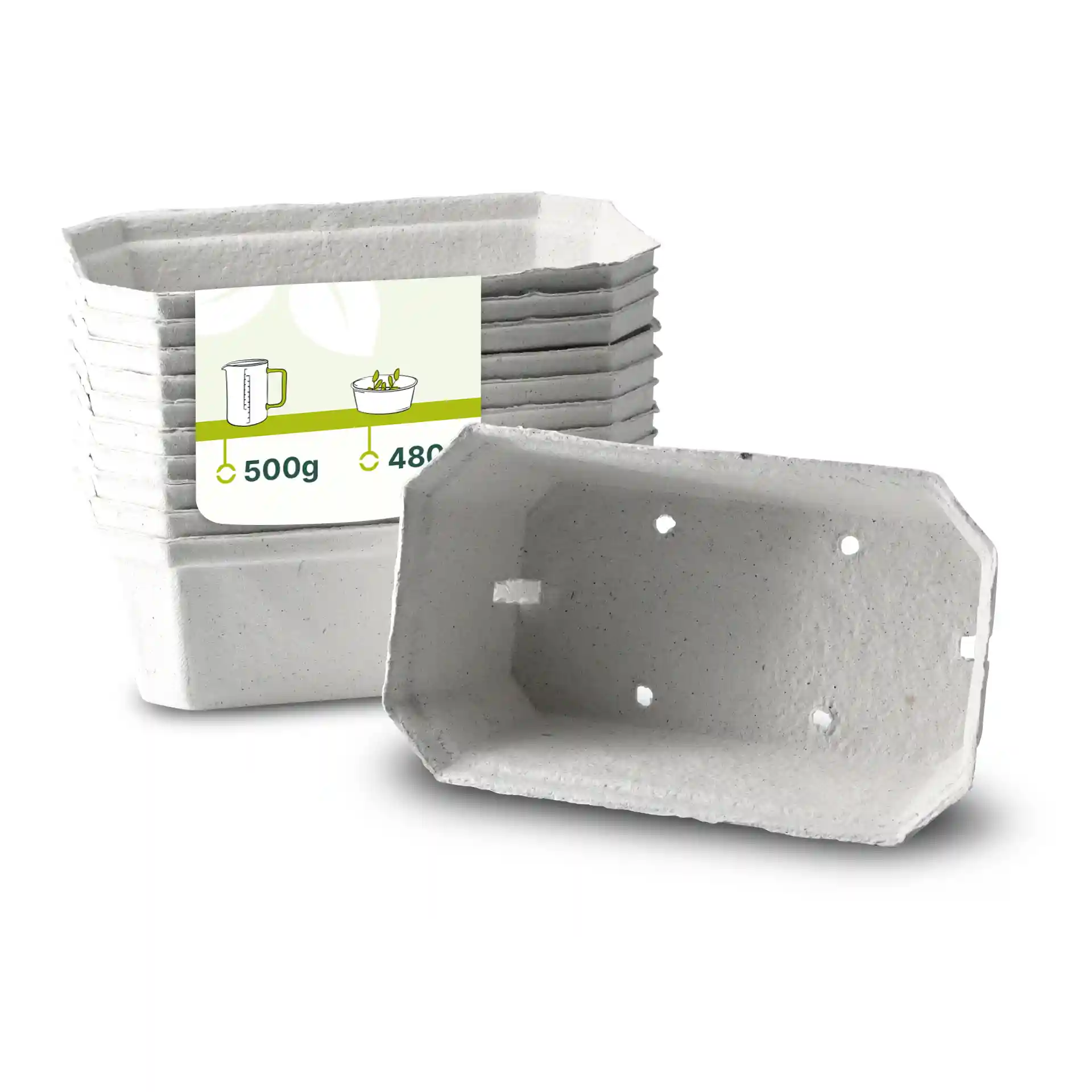 Stapel witte houtpulp bessenbakjes, één bakje op zijn zij gedraaid, met afvoergaten binnenin.