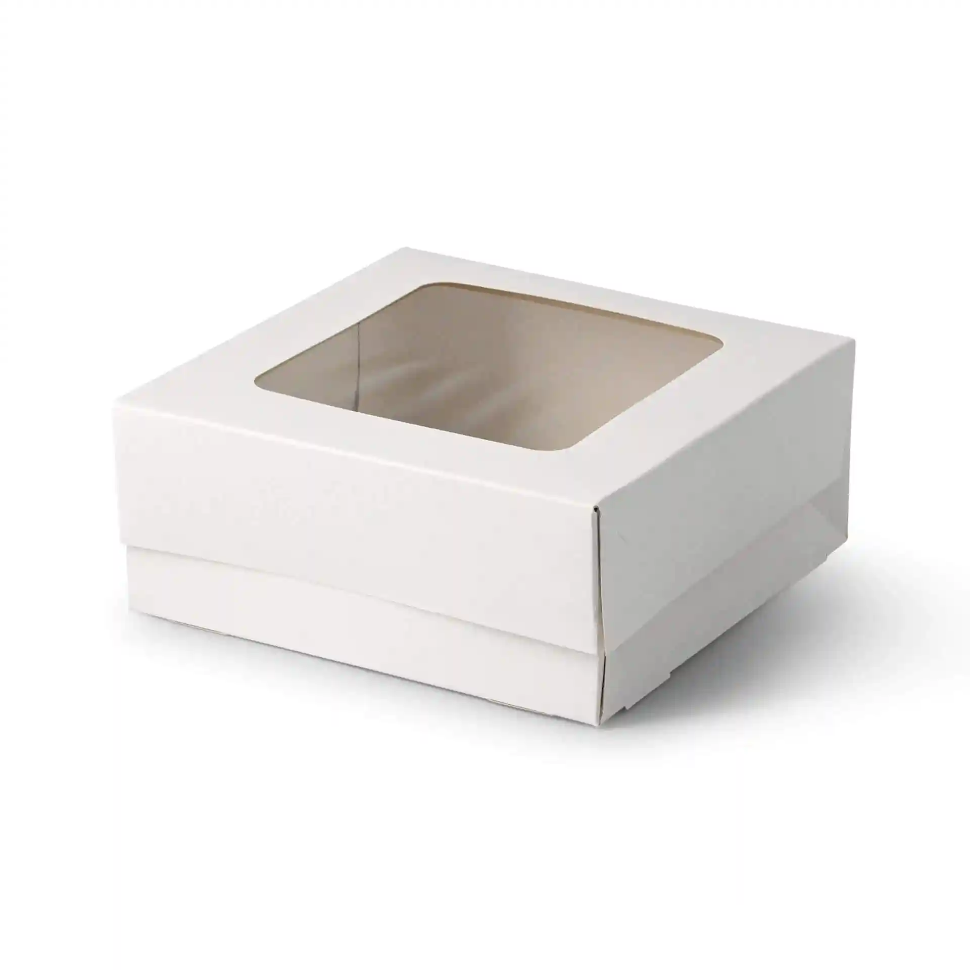 Witte vierkante kartonnen doos met cellulosevenster, 18 x 18 x 7,5 cm.