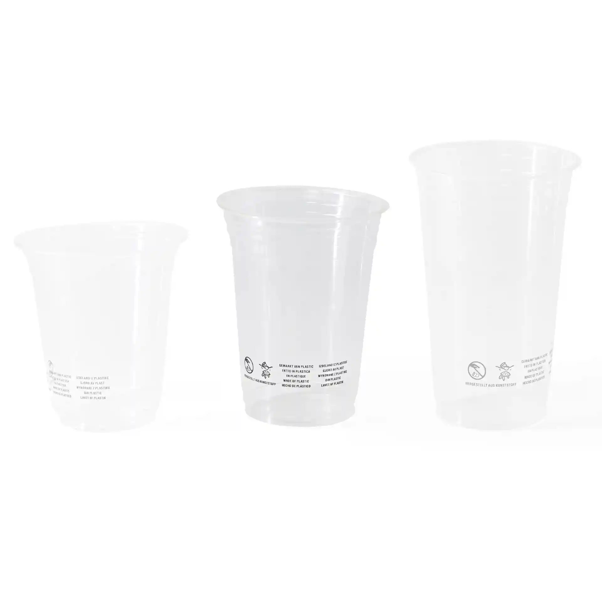 Afbeelding van drie heldere PLA-plastic bekers in verschillende maten, met zichtbare markeringen op de bodem.