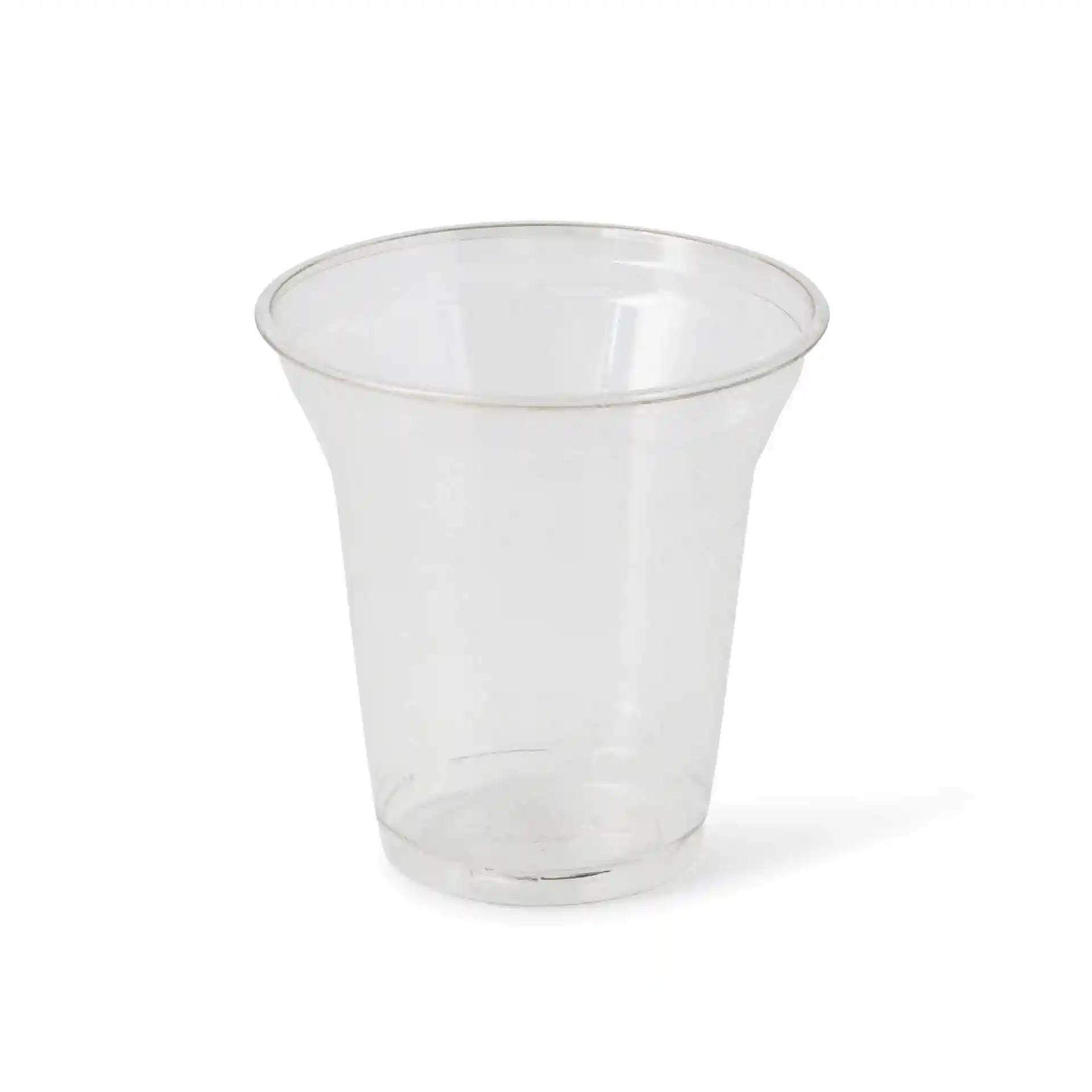 Transparante 8 oz rPET beker met een diameter van 95 mm en een hoogte van 96 mm, met een taps toelopend ontwerp.