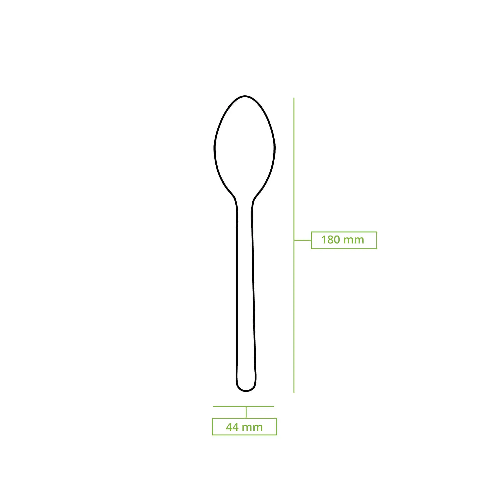 Schematische tekening van een houten lepel met een lengte van 180 mm en een breedte van 44 mm.