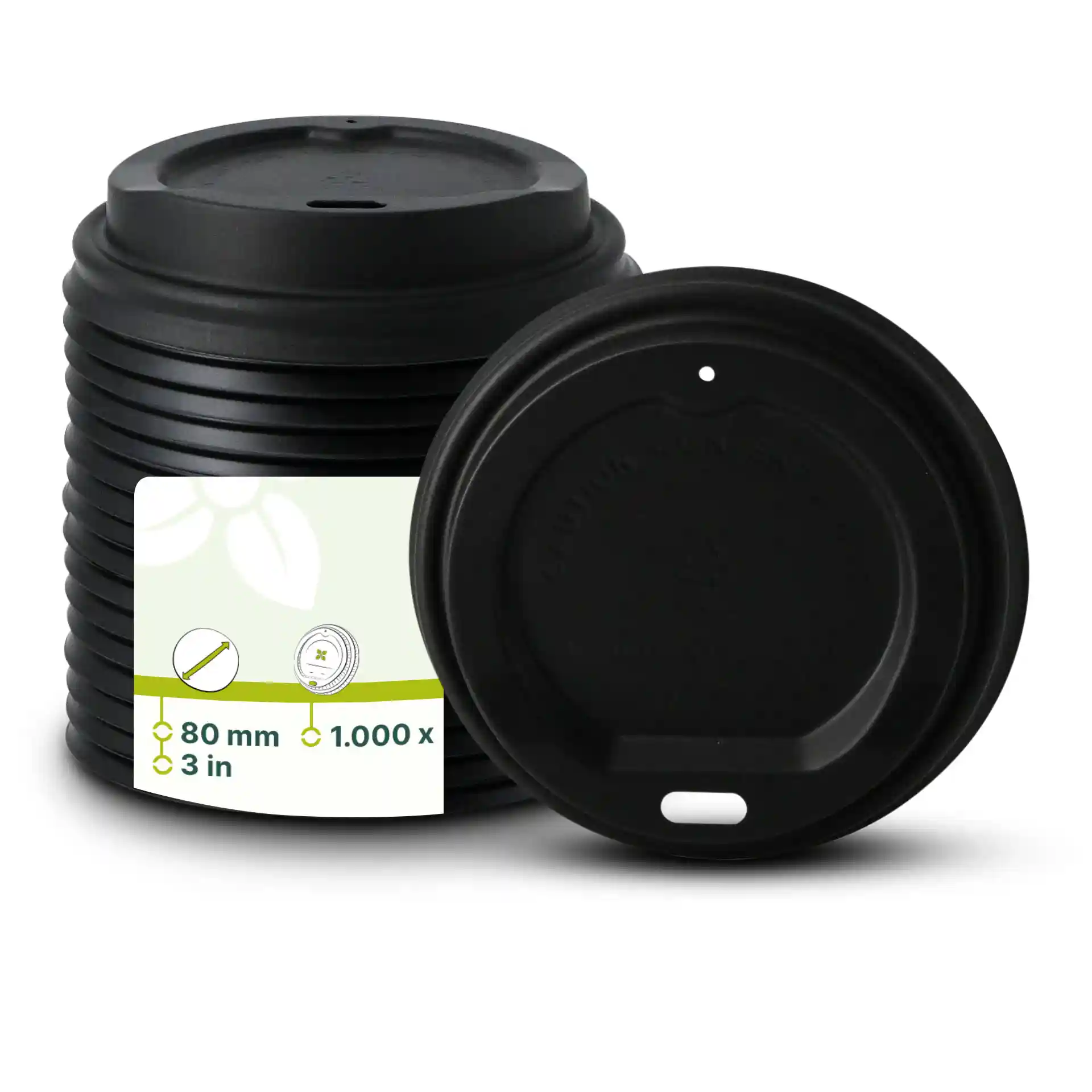 Zwarte PS-deksel met een diameter van 80 mm en een drinkopening, van boven en van de zijkant getoond.