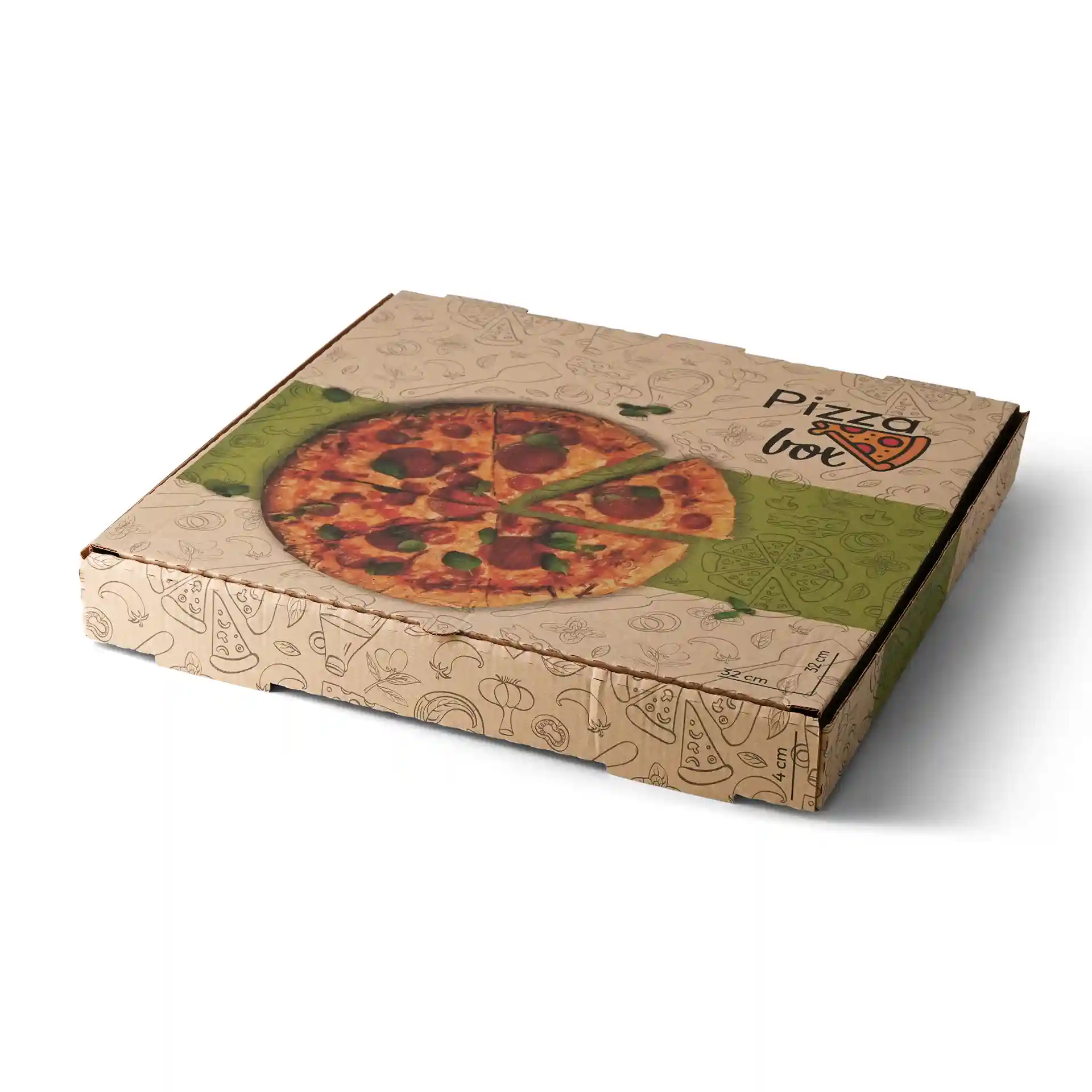 Bruine pizzadoos met een pizzagrafiek bovenop, 32 x 32 x 4 cm, met decoratieve voedselillustraties.