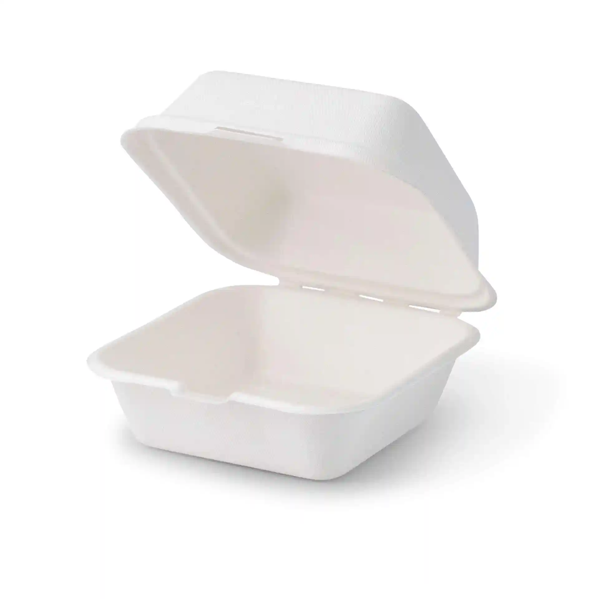 Witte suikerriet burgerdoos met vierkante vorm, open deksel en afmetingen van 15 x 15 x 8 cm.
