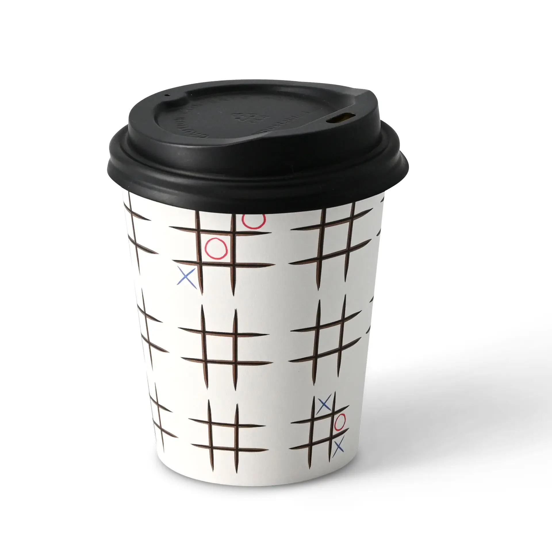 Bedrukte kartonnen beker "Tic Tac Toe" 200 ml / 8 oz, Ø 80 mm, wit