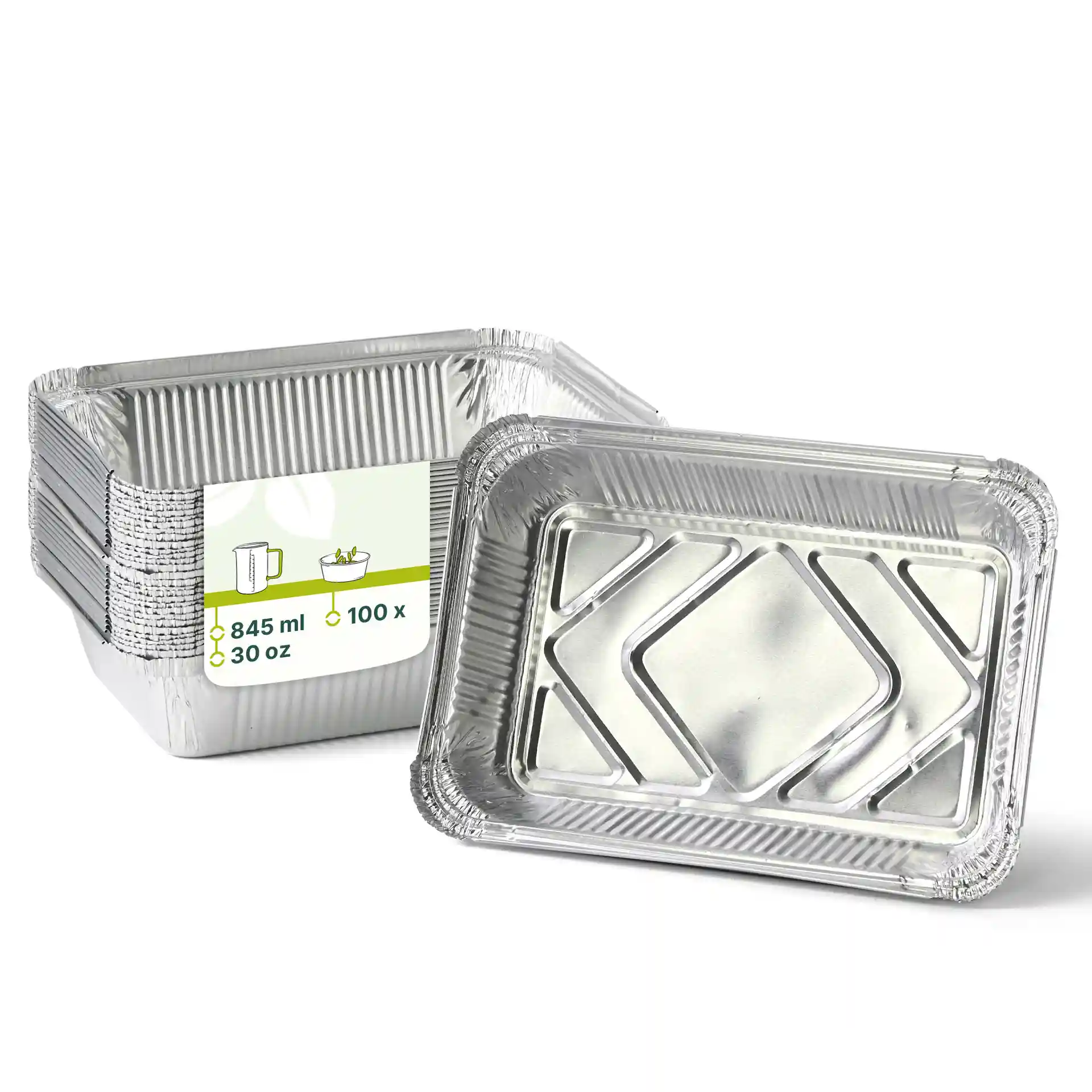 Rechthoekige aluminium containers met een capaciteit van 845 ml, afmetingen 21,4 x 14,9 x 4,3 cm, gestapeld met een label.