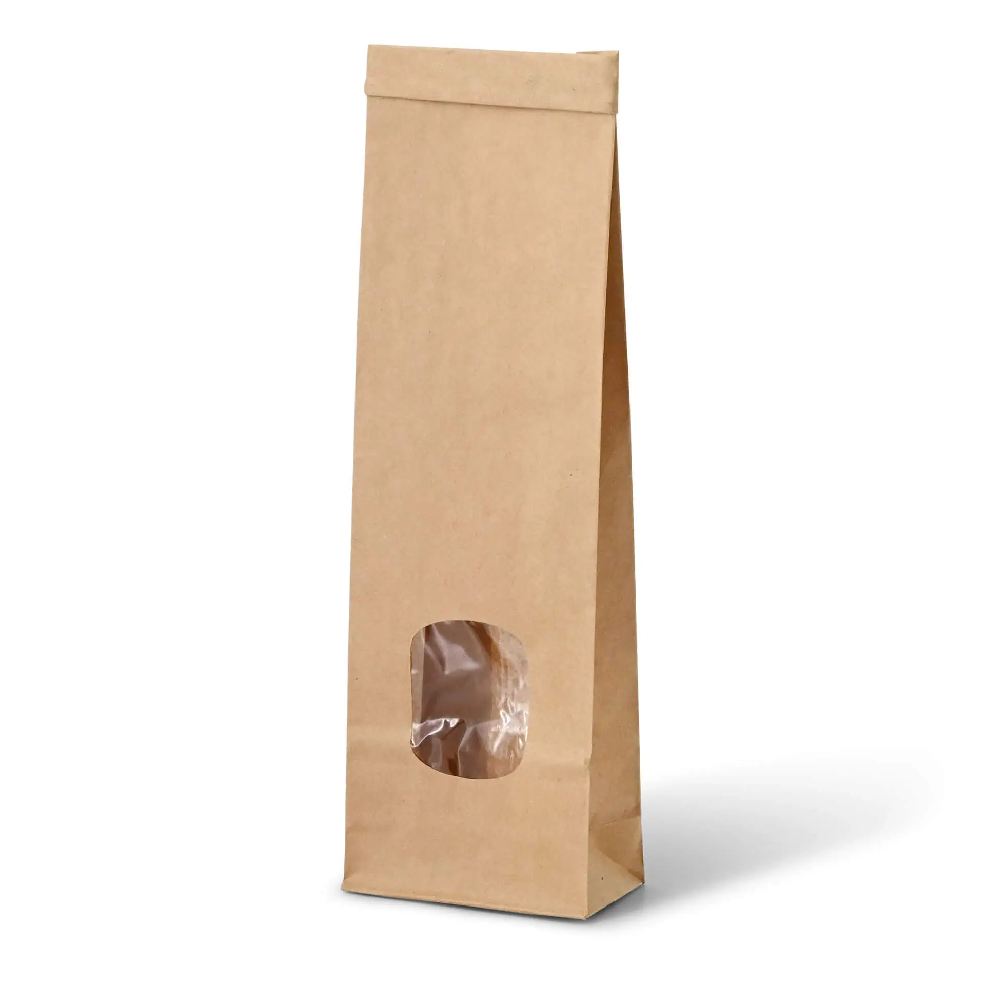 Bruine blockbodem papierzak met venster, 7,5 x 4,5 x 24 cm, gemaakt van 65 gsm kraftpapier voor losgevulde aromatische goederen.