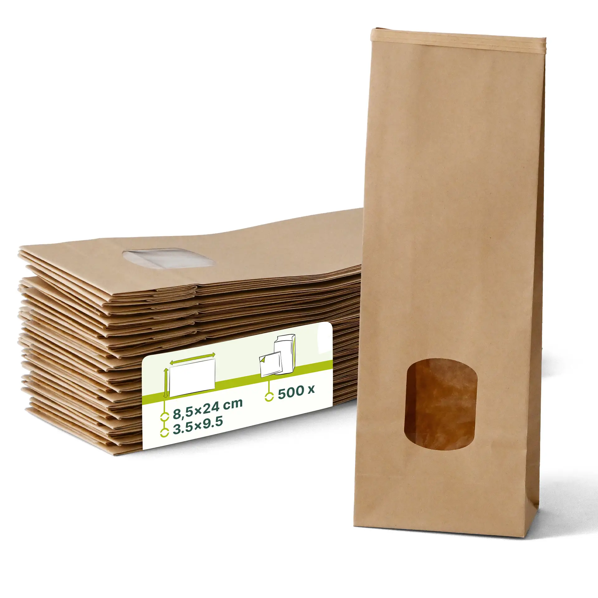 Bruine kraftpapier blokbodemzak met een transparant venster, 8,5 x 5 x 24 cm.