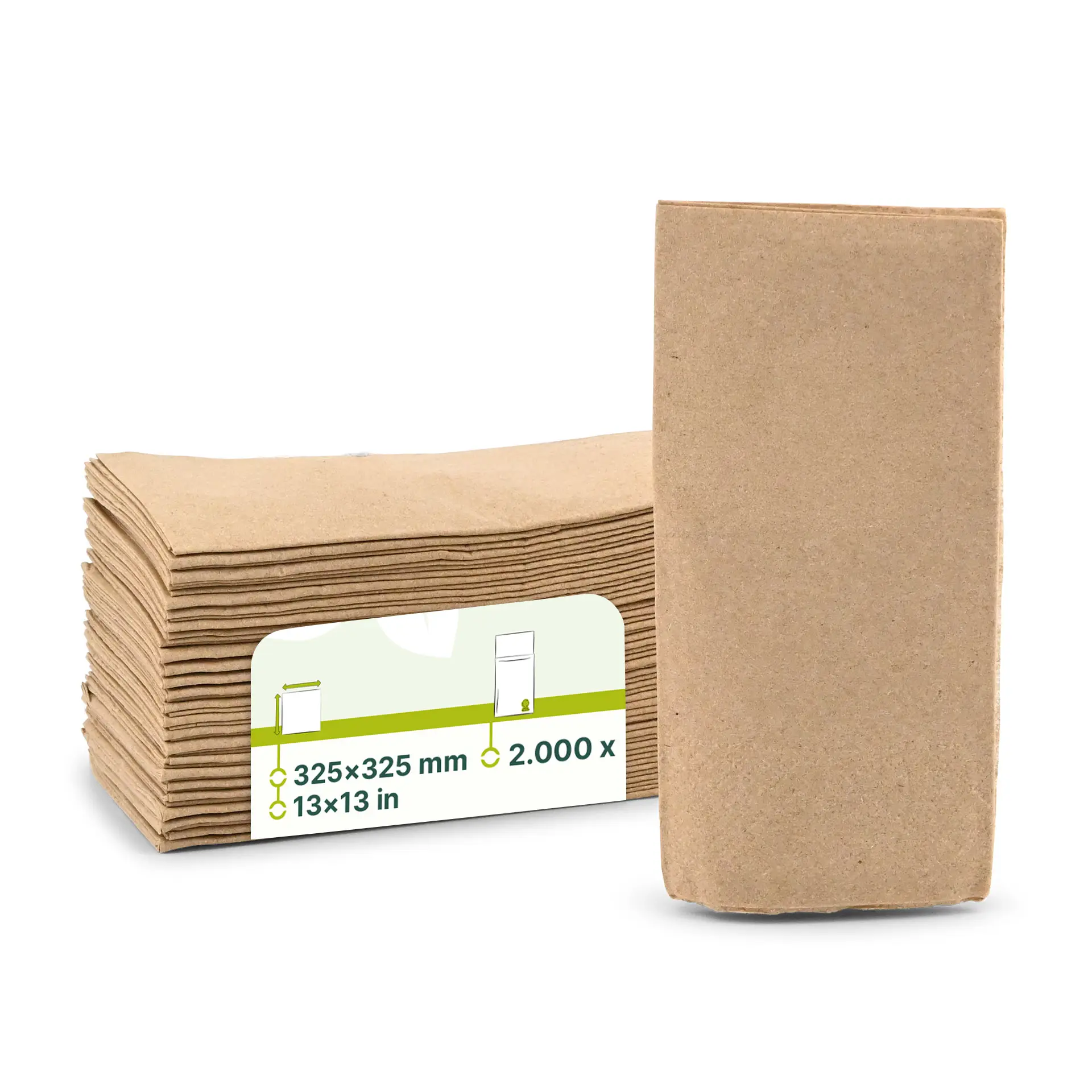 Stapeltje ongebleekte gerecyclede papieren servetten, 32,5 x 32,5 cm, met een label met productdetails en een logo.