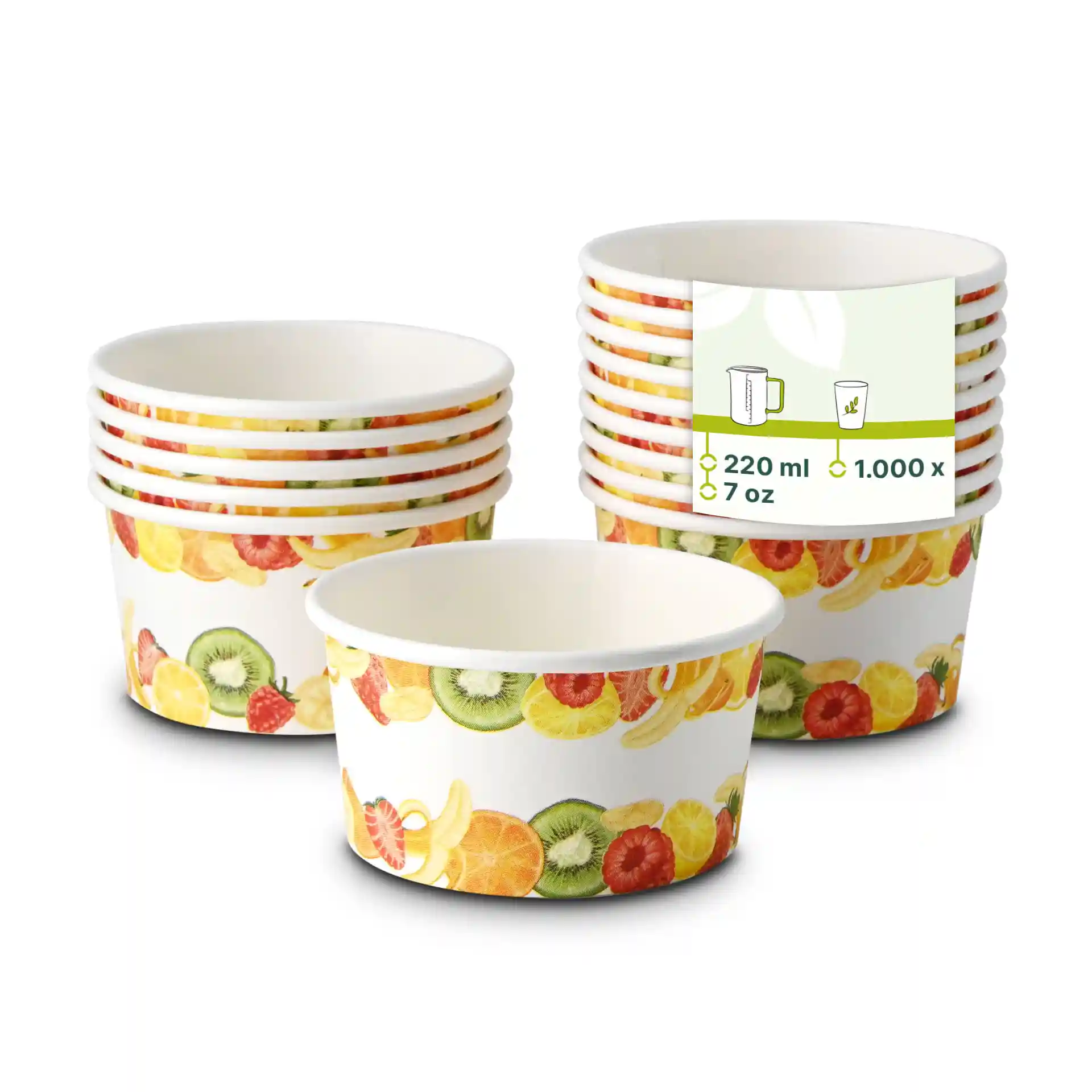 Stapel bekers met fruitprint, één beker vooraan en meerdere erachter op een witte achtergrond.