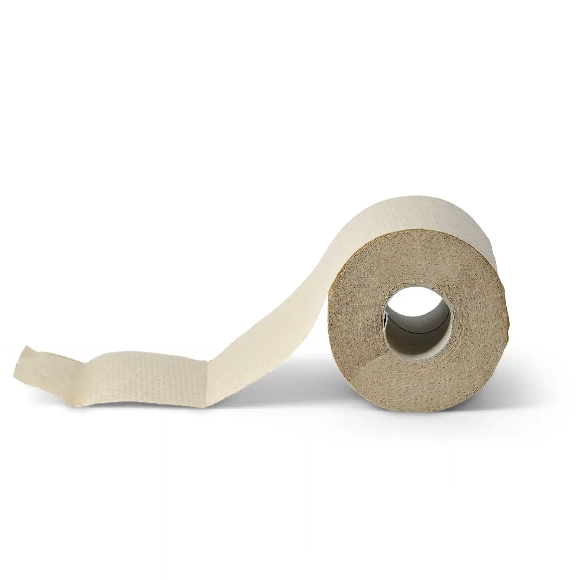 Rol bruin toiletpapier van gerecycled papier, 2-laags, met een zichtbaar afgehaald deel.