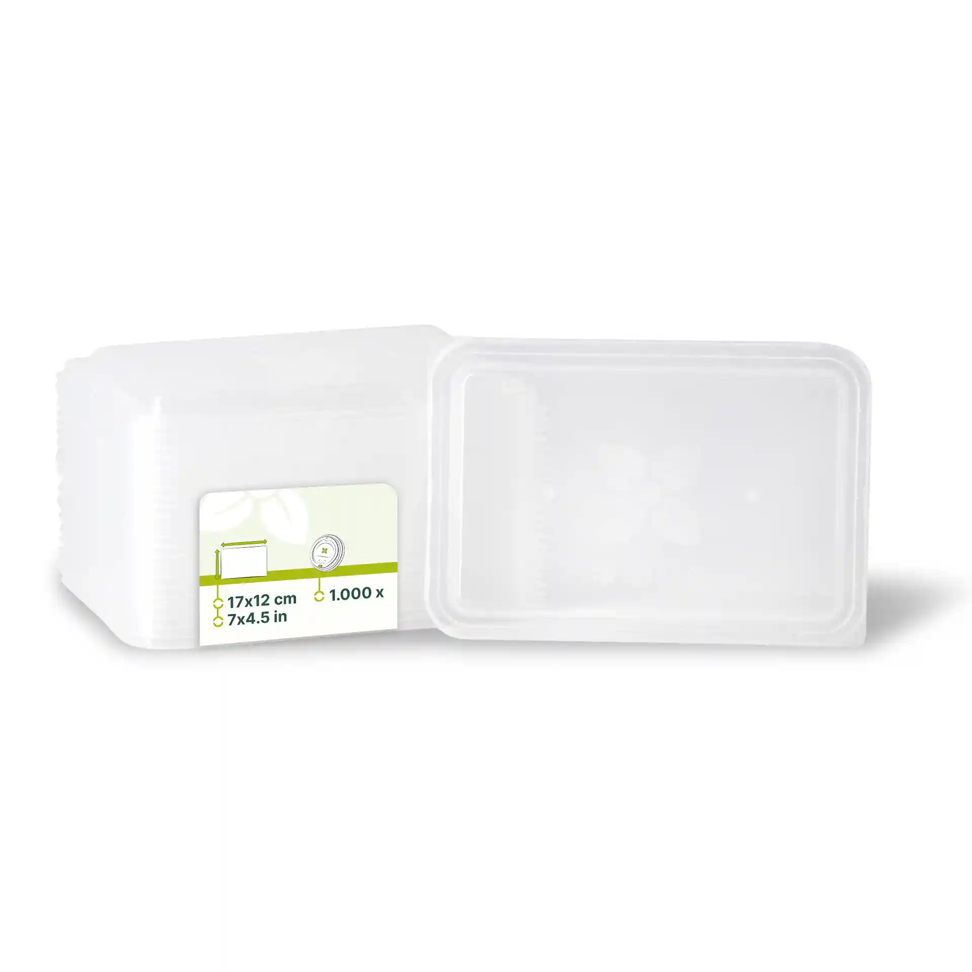 Transparante rechthoekige container met een label dat de afmetingen 17 x 12 cm en een hoogte van 7 cm toont, gestapeld met vergelijkbare containers.