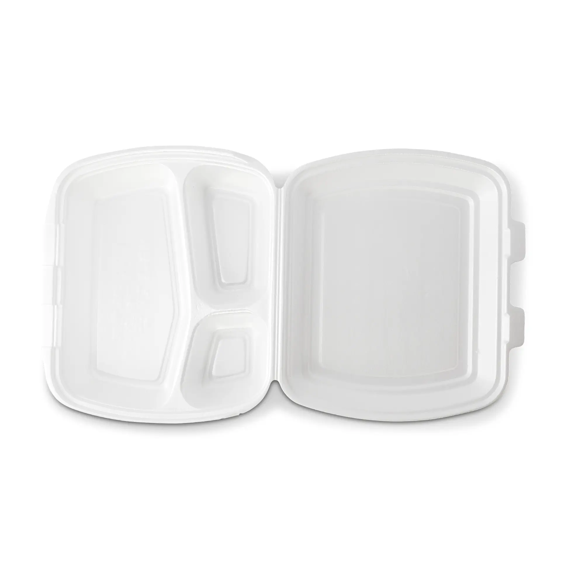 Witte take-out voedselcontainer met één groot vak en twee kleinere compartimenten.
