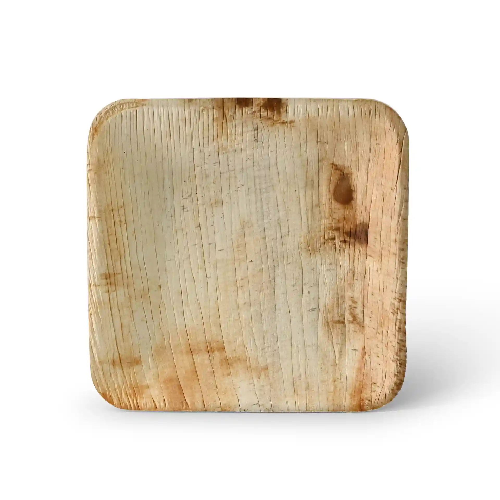 Vierkant palmblad bord met een natuurlijke nerfstructuur, 15 x 15 cm en 2 cm hoog.