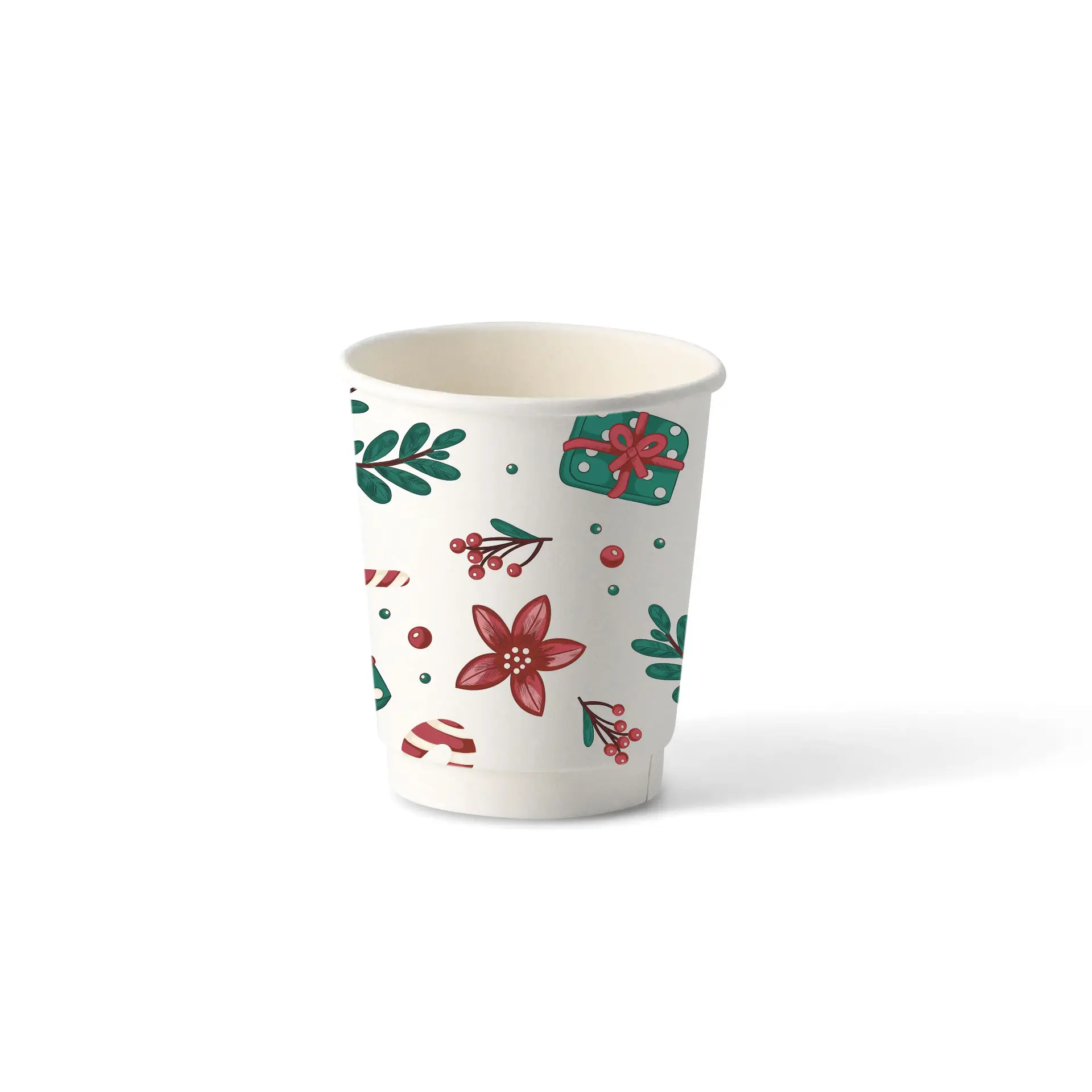 Dubbelwandige beker met winterontwerp, 200 ml, met bloemen, bladeren en cadeau-motieven op een witte achtergrond.