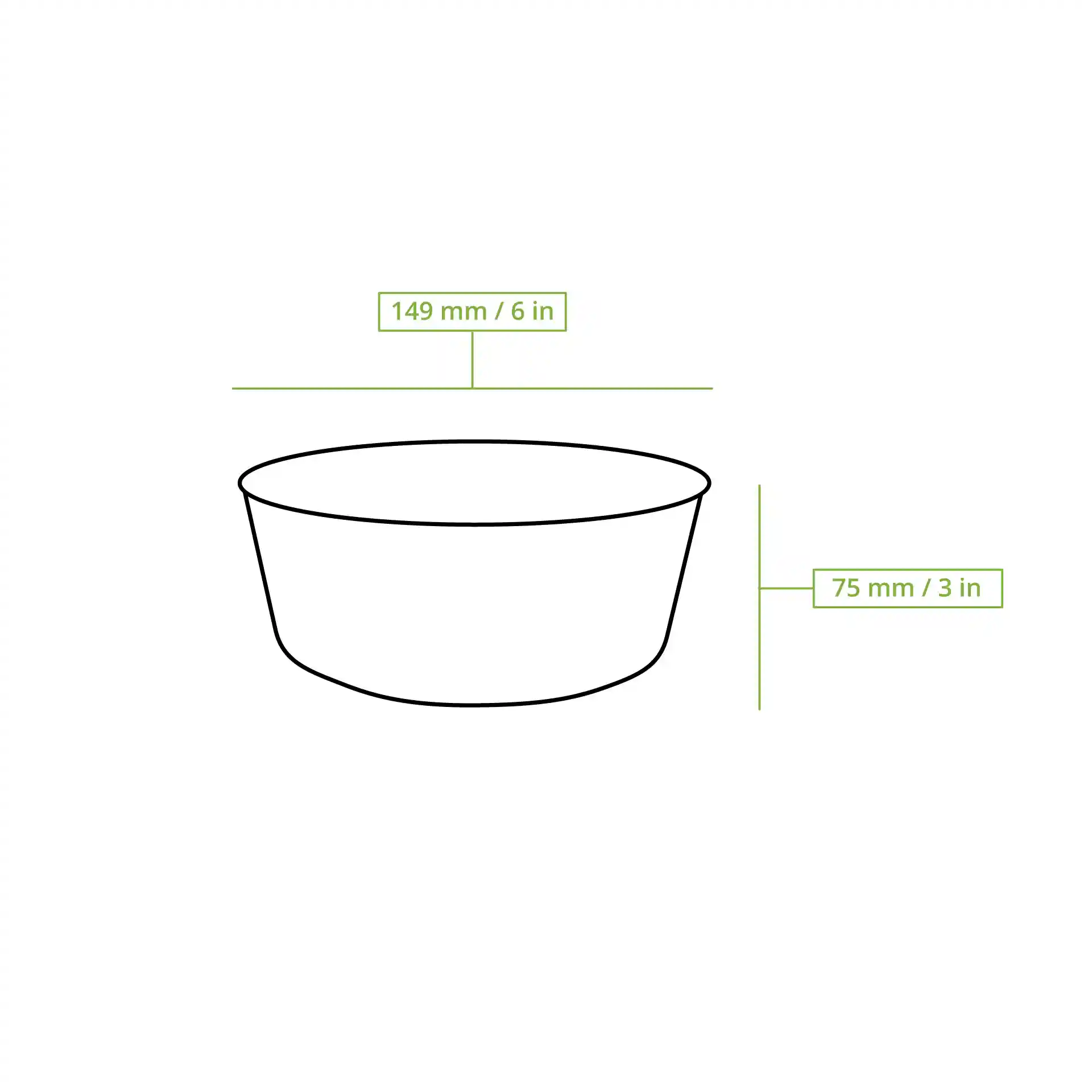 Schematische tekening van een ronde kartonnen kom met een diameter van 150 mm en een hoogte van 75 mm.