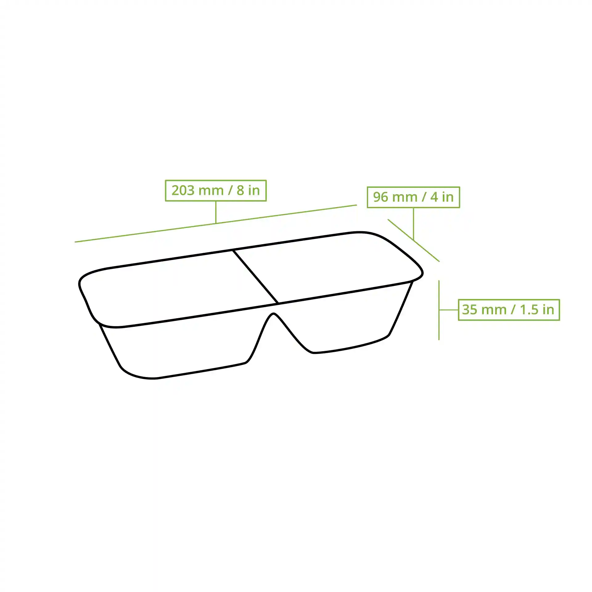 Schematische tekening van een rechthoekige bagasse-chiptray met twee compartimenten en maatlijnen die de grootte aangeven.