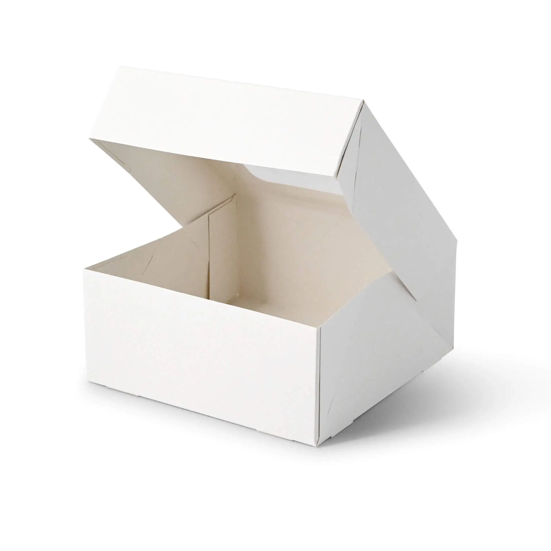 Witte cupcake-doos met een open bovenkant, ontworpen voor vier cupcakes of gebak, met een cellulose venster.